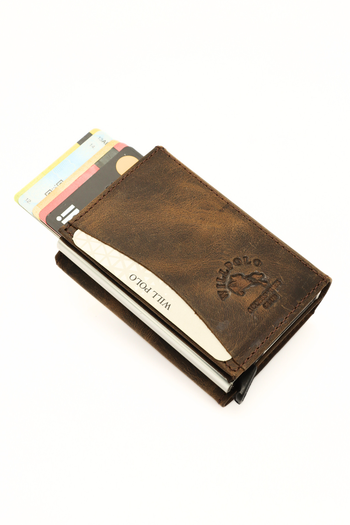 Automatic Crazy Coffee Card Holder Wallet with Genuine Calfskin Natural Pouch Compartment Mechanism