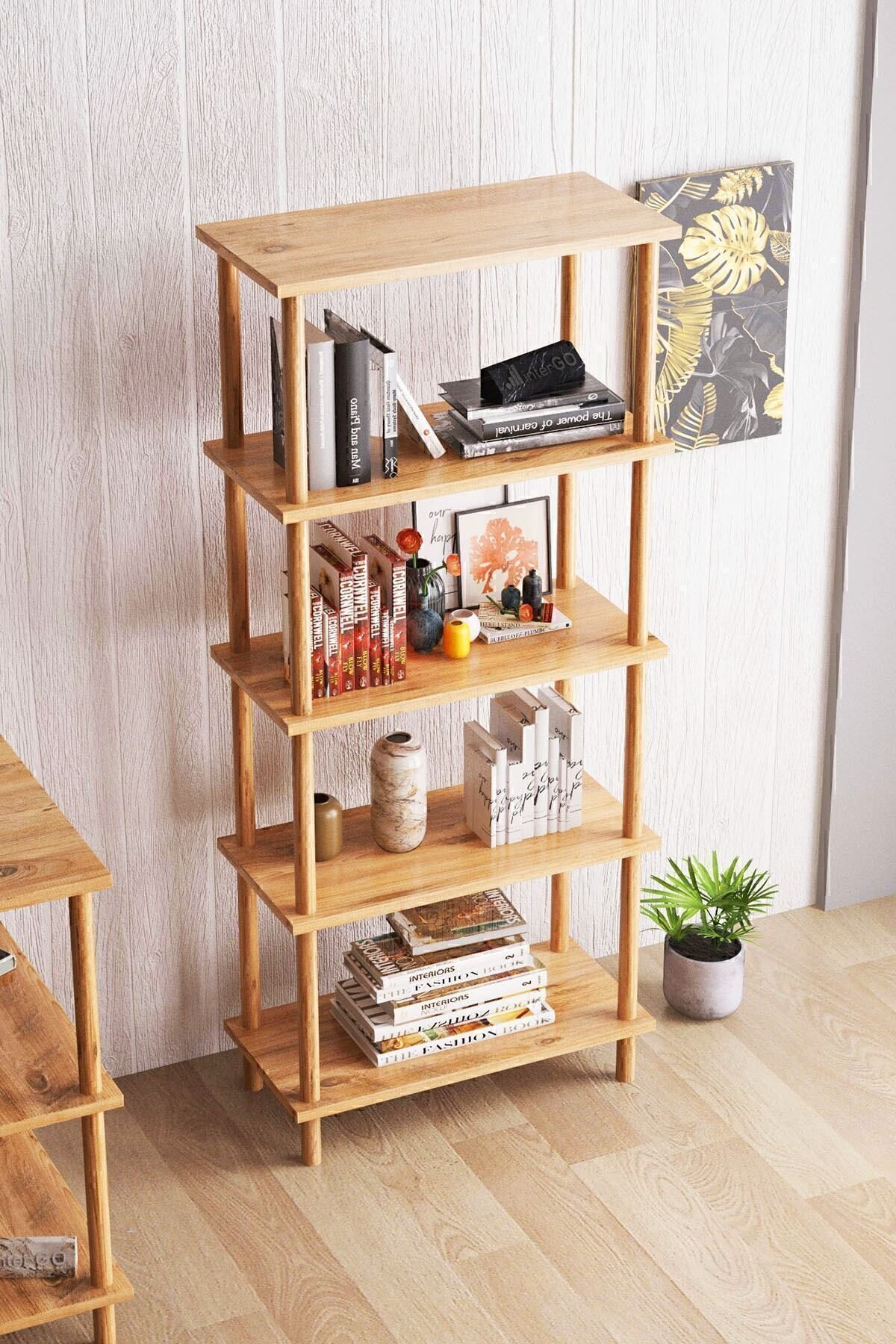 interGO-Modern Bookcase With 5 Shelves - Storage Shelving Unit for Home or Office - Atlantic Pine Pattern 2