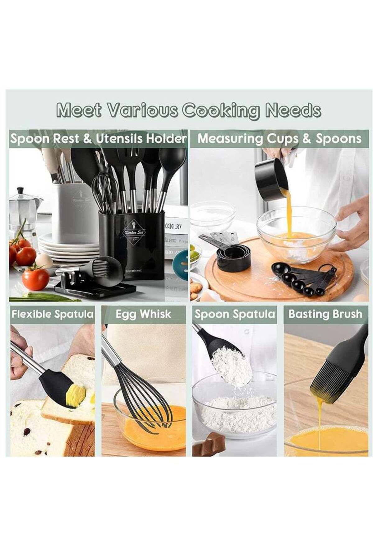 COOYA-14-Piece Silicone Kitchen Utensil Set, Wooden Handle, Bpa-free, Nonstick Cookware for Kitchen 3