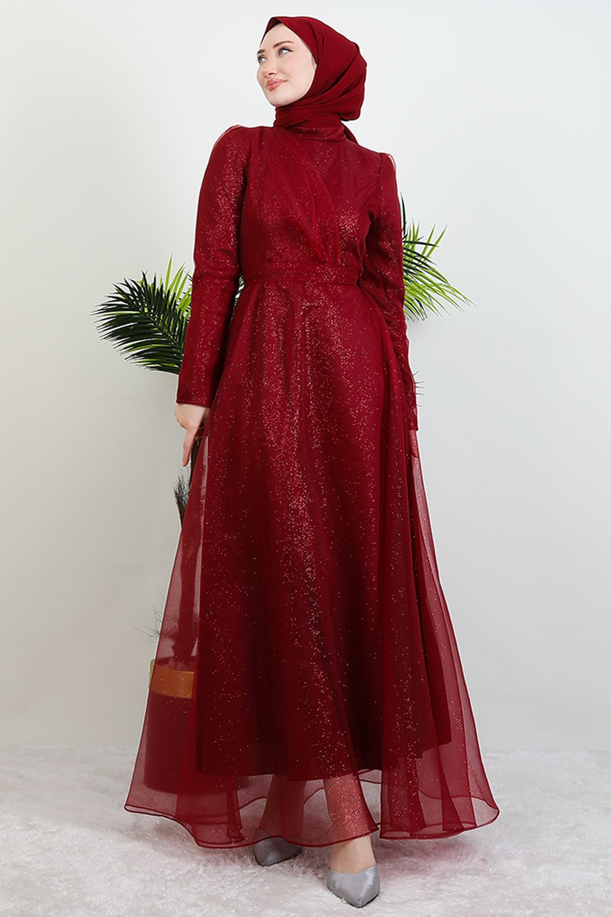 Giza Giyim-Alara Hijab Evening Dress Claret Red 3