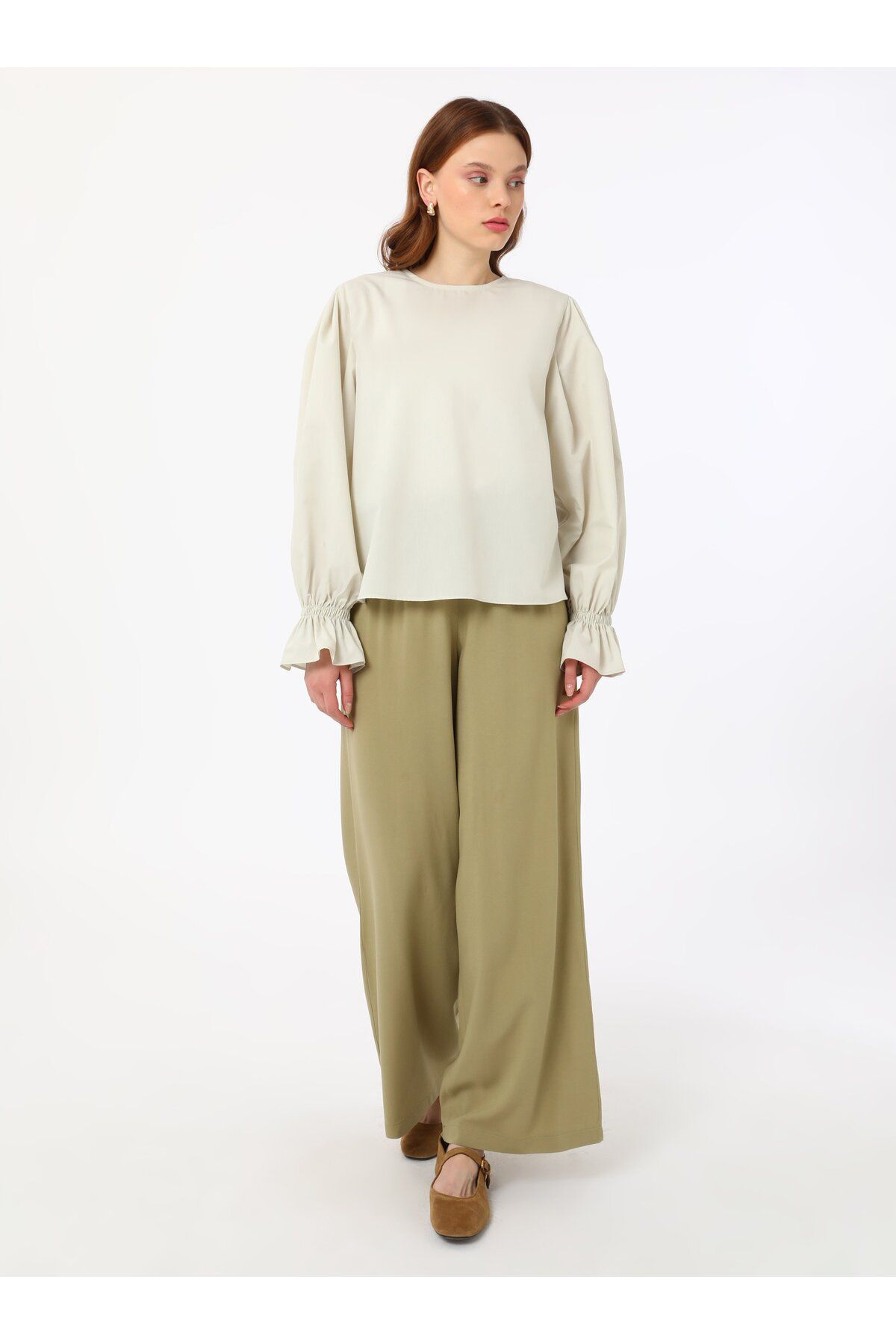Refka-Viscose Trousers with Elastic Waist - Khaki - Refka 3