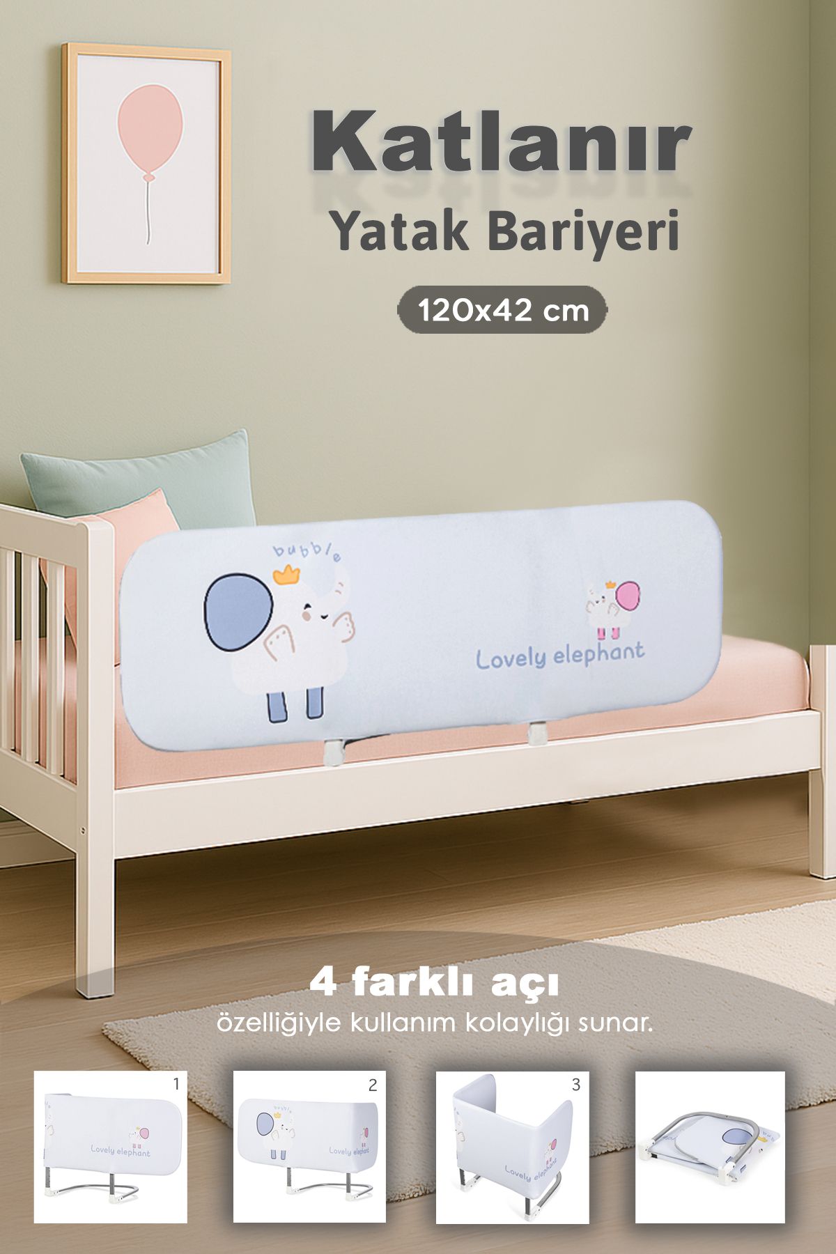 120x42 cm Katlanır Bebek Yatak Bariyeri - Fil Desenli Koruyucu Baza Korkuluğu Güvenlik Bariyeri