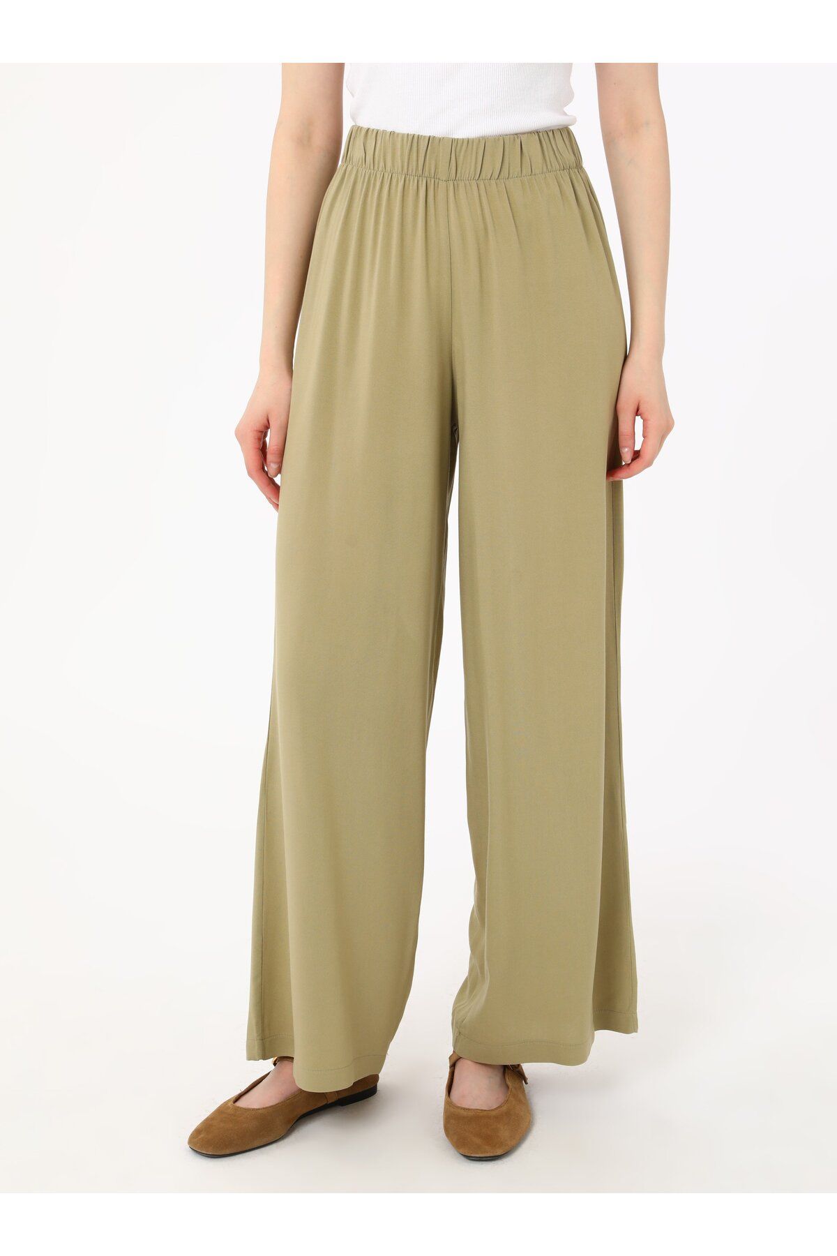 Refka-Viscose Trousers with Elastic Waist - Khaki - Refka 4