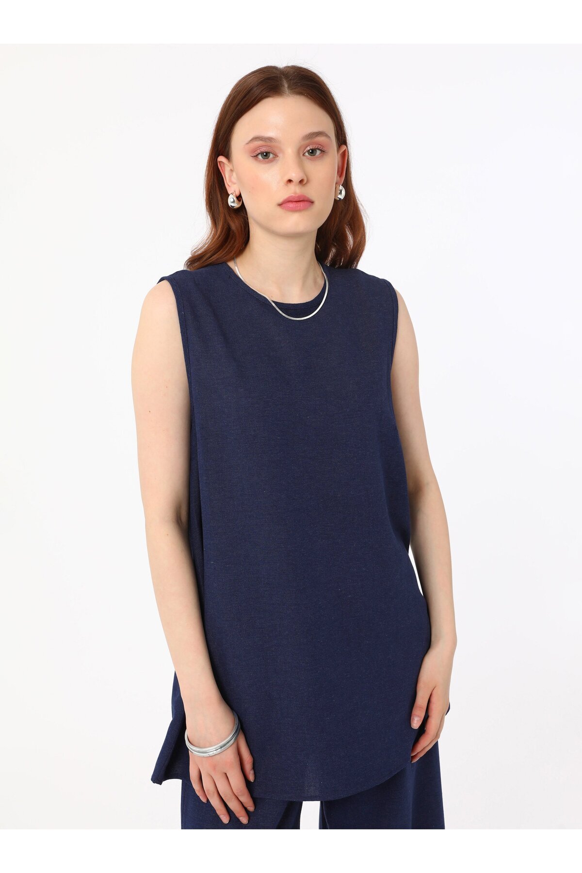 Refka-Navy Blue Linen Tunic and Trousers Double Suit - Refka 2