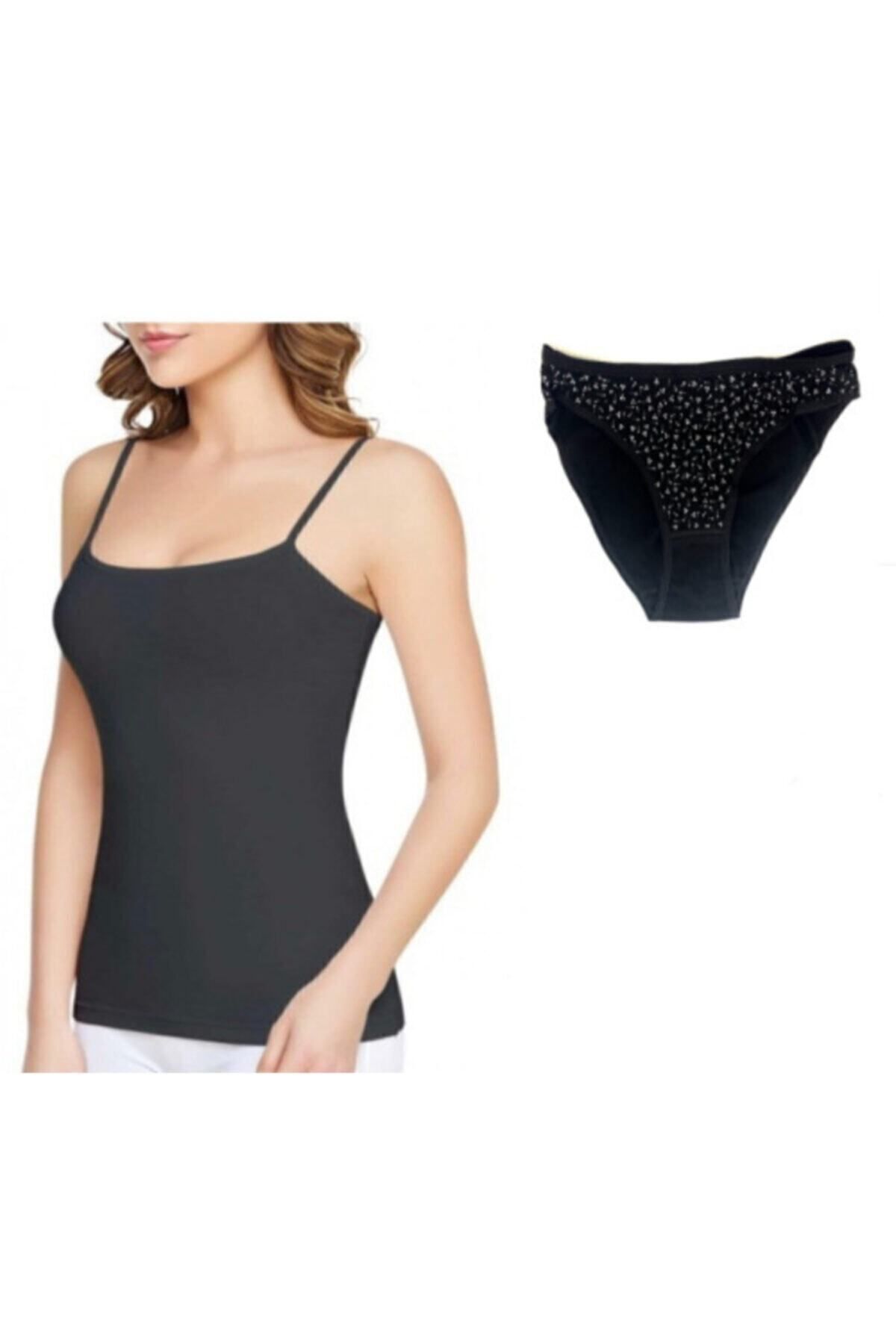 Pardon Kadın Siyah Pamuklu 3'Lü Ribana Ip Askılı Atlet & Tekli Desenli Bikini