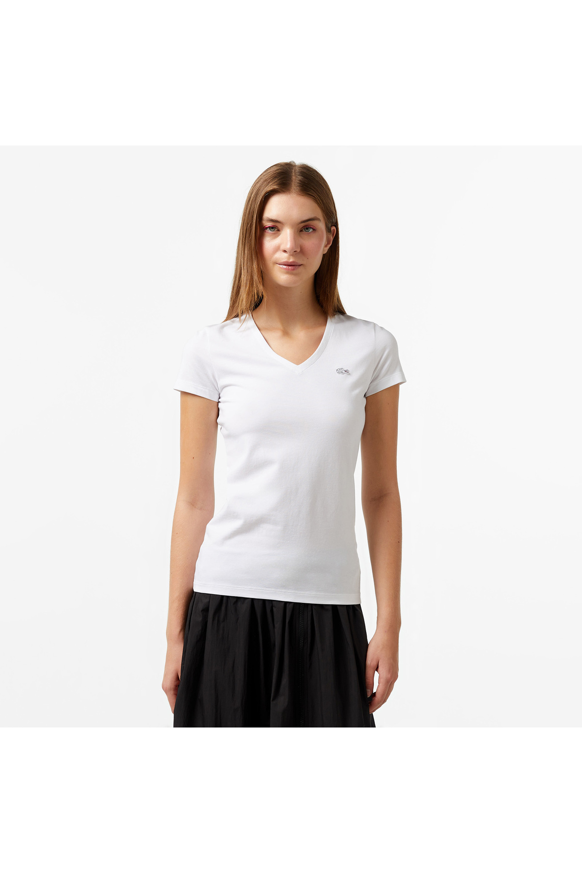 Kadın Slim Fit V Yaka Beyaz T-shirt