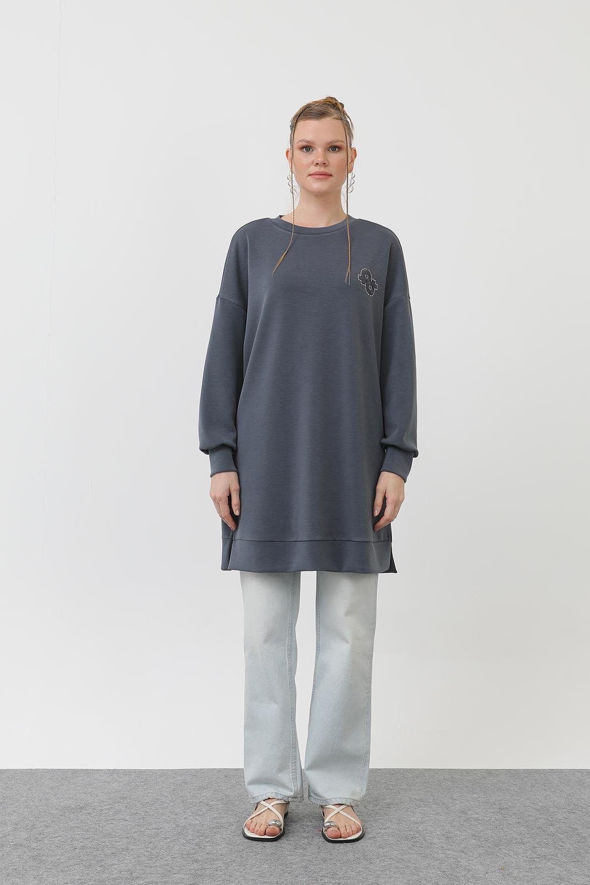 Puane-Women's Front Embroidery and Stone Detailed Tunic - 10614Tun - Anthracite 3