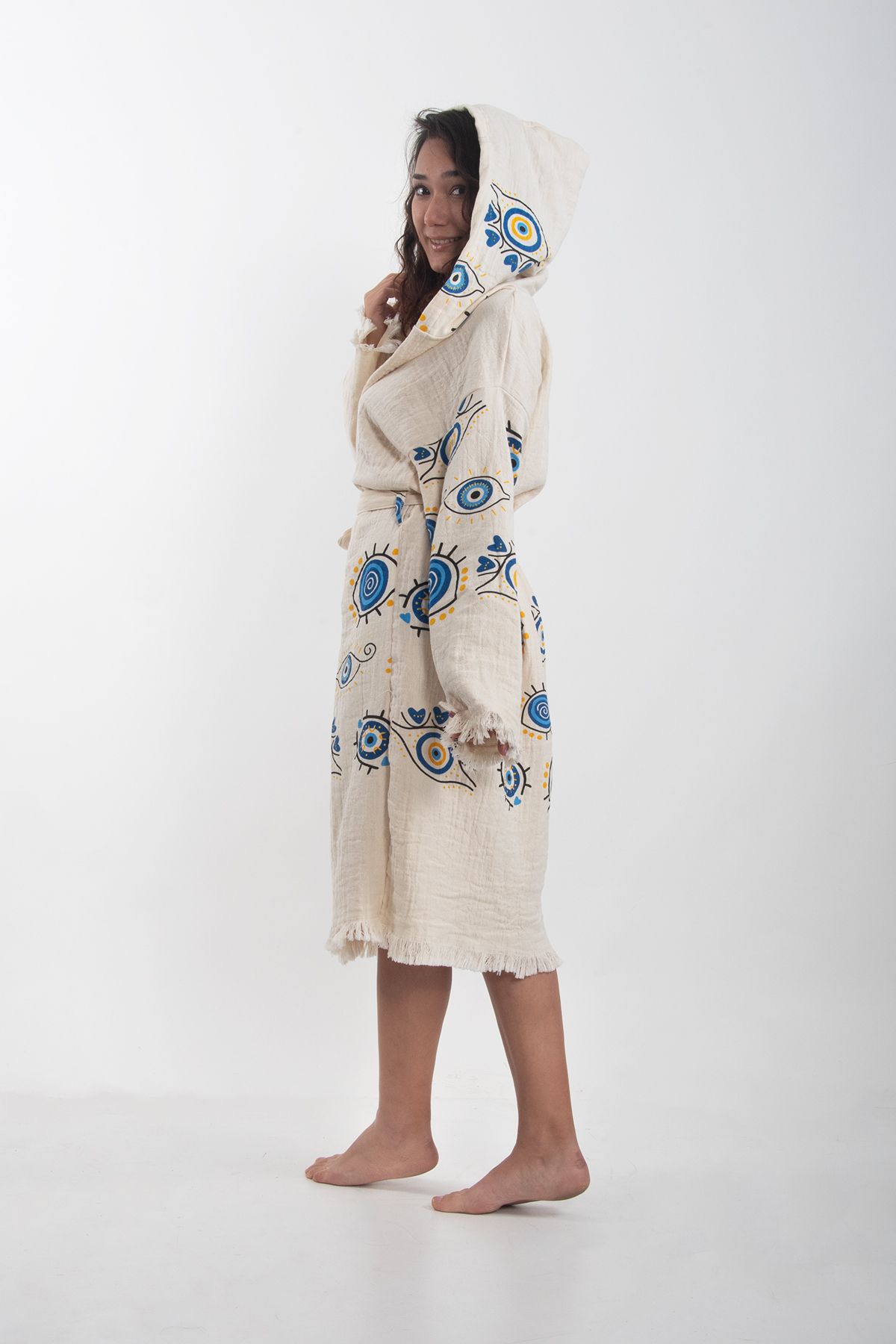 Makro Trend Peştemal Bornoz Pamuklu Müslin Nazar Göz Desenli 1 Adet Kimono Kaftan