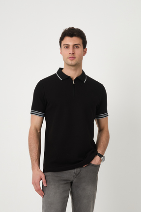SILVANO Erkek Siyah Çizgili Fermuarlı Polo Yaka Tişört Yazlık Kısa Kollu