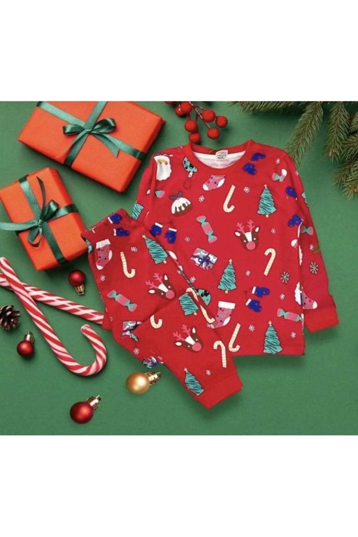 yagmurgiyim Elmp Set Pijamale Unisex Din Bumbac Cu Model De Anul Nou Pentru Copii - 1-13 Ani 4000 Femeie - 5-6 ani