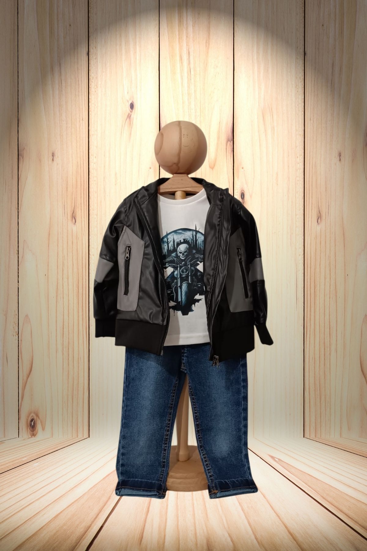 Baby s Breath Flower Motorcu Deri Ceket Sweatshirt Kot Pantolon 3'lü Takım 3 Parça1-3-4 Yaş Erkek Bebek