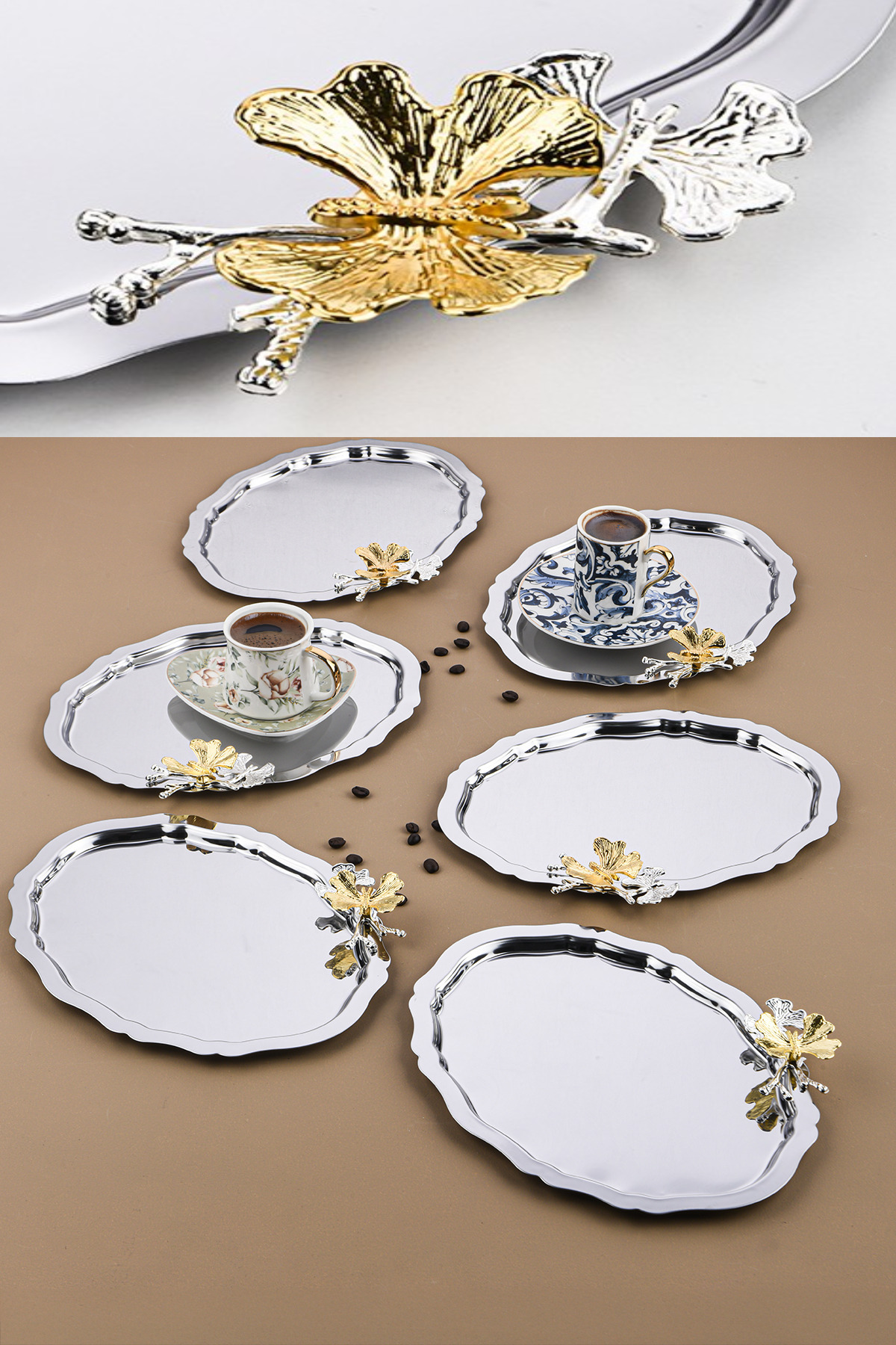 6 pcs Cloud Model Coffee-Tea Serving and Serving Tray with Butterfly Accessory 25 cm x 20 cm