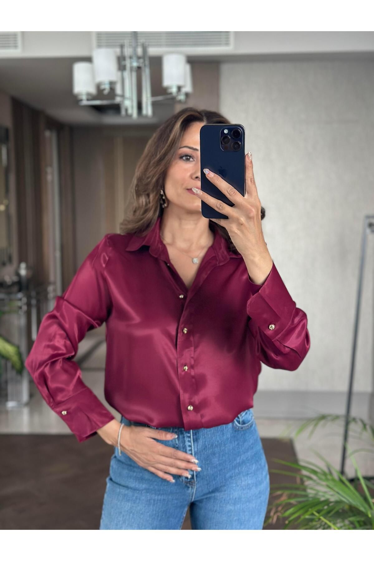 Forlady Butik Bordo Saten Gold Düğmeli Uzun Kol Kadın Gömlek