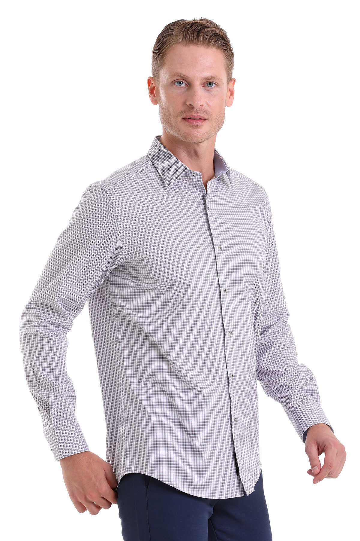 Hatemoğlu-Regular Fit Checked 100% Cotton Slim Collar Long Sleeve Classic Shirt 5