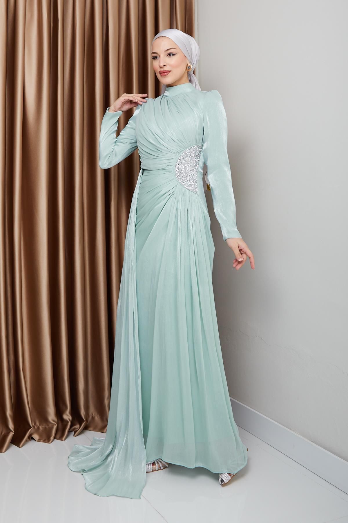 Olcay-Yoryo Seiden-Hijab-Abendkleid – MİNT 1233 mit Steinen und Kordelzug-Details 5