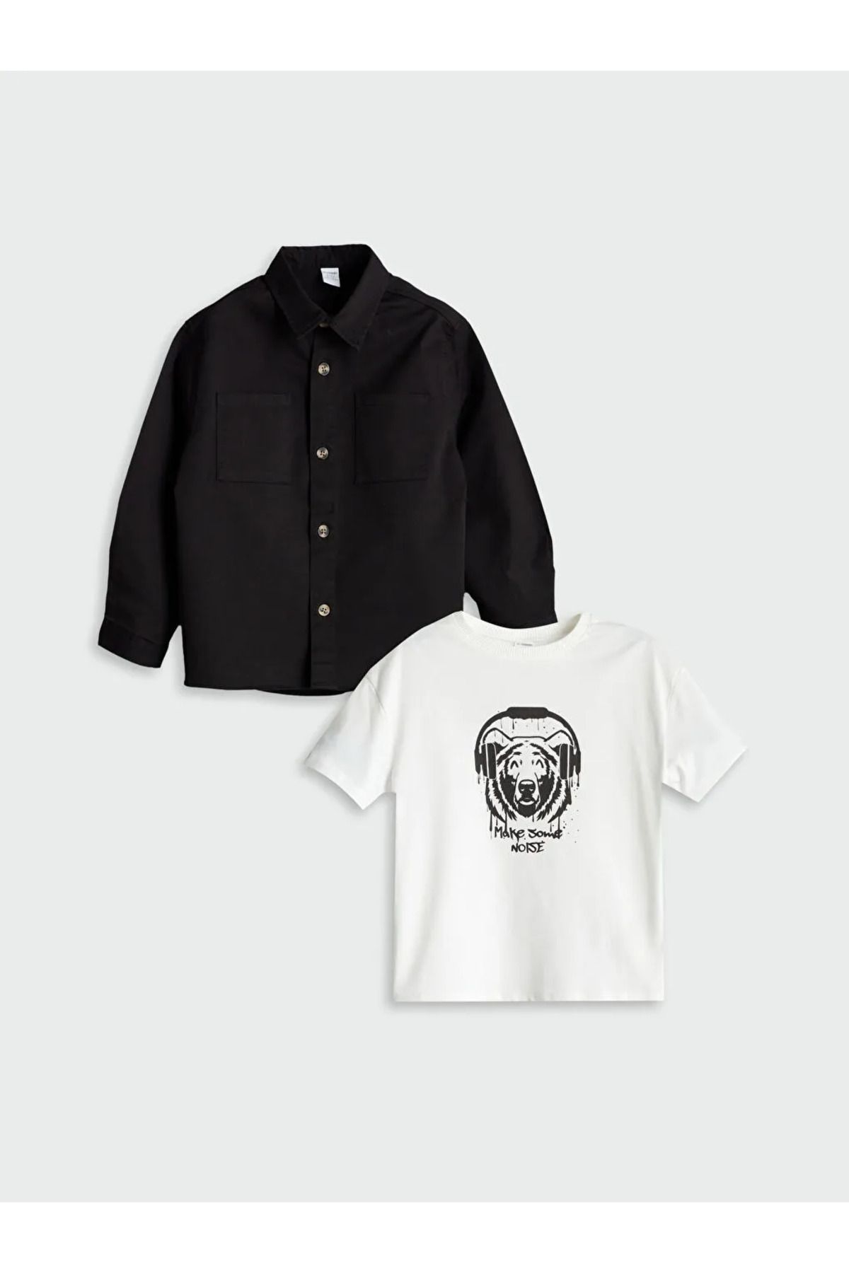 LC Waikiki Set De 2 Cămăși Și Tricou Din Gabardină Pentru Băiat Negru Masculin - 4–5 years