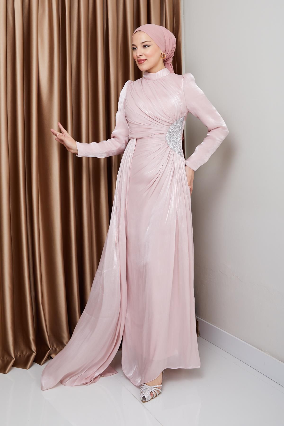 Olcay-Detailliertes Yoryo-Abendkleid aus Seide mit Steinen und Kordelzug – PUDRA 1233 6