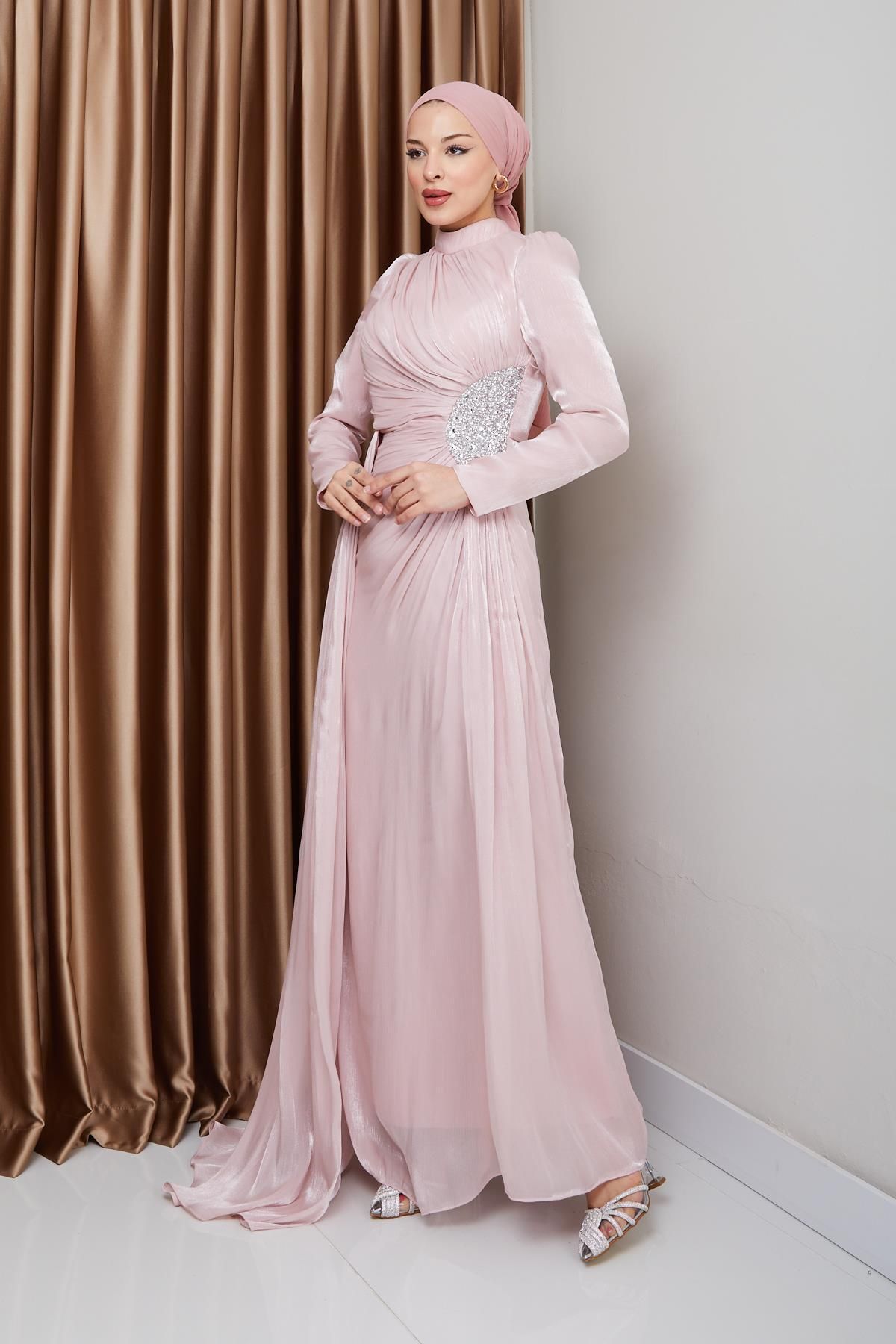 Olcay-Detailliertes Yoryo-Abendkleid aus Seide mit Steinen und Kordelzug – PUDRA 1233 4
