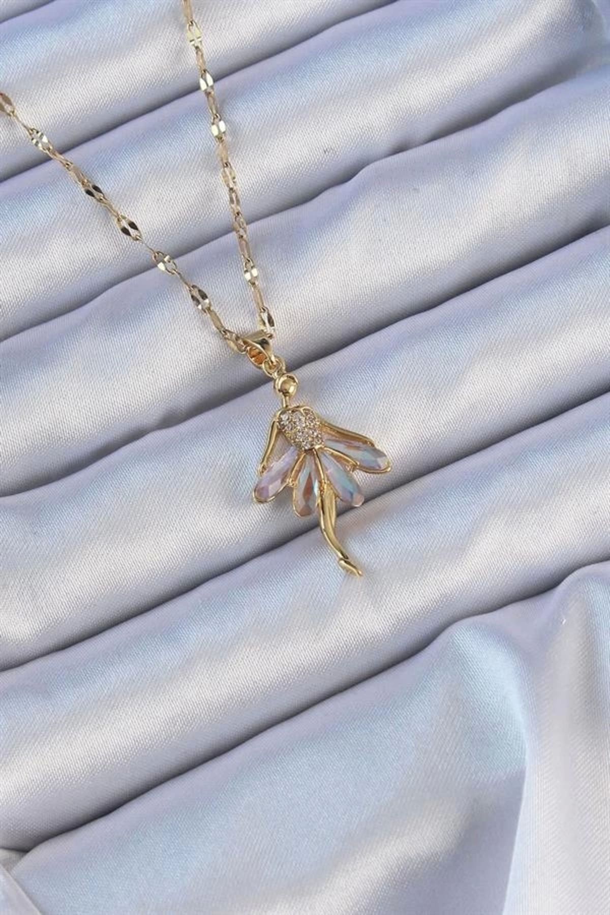 Markambol-316L Steel Chain Gold Color Lilac Zircon Stone Ballerina Necklace 1