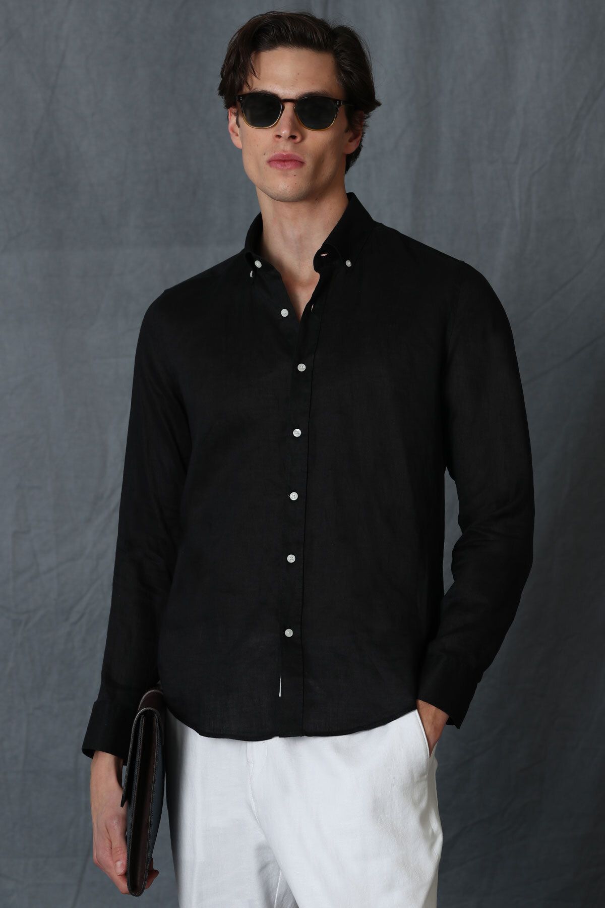 Lufian Cămașă De In Pentru Bărbați - Pitaya, Comfort Fit, Negru Masculin - 3XL