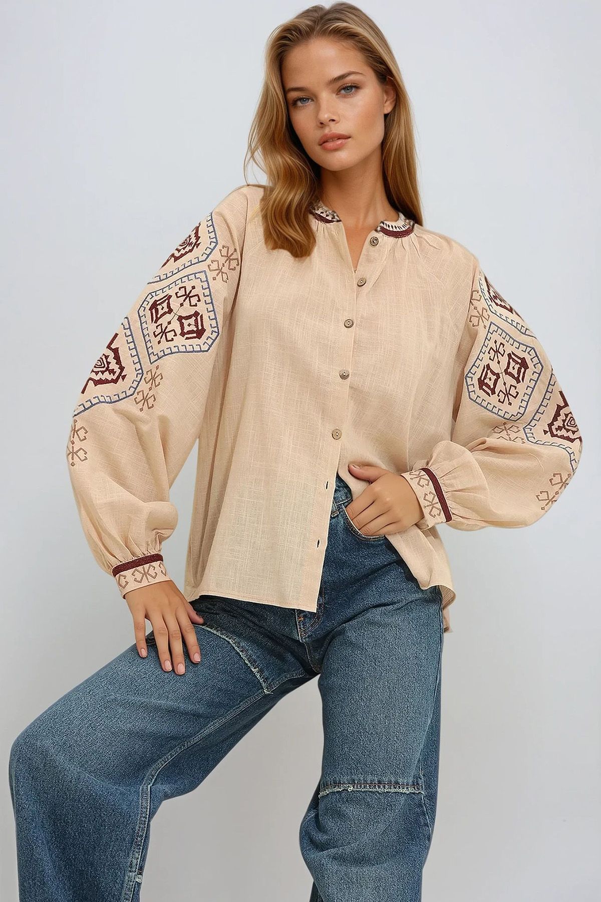 VAGGON-Women's Beige Balloon Sleeve Embroidered Collarless Shirt Vgn-X11290 2