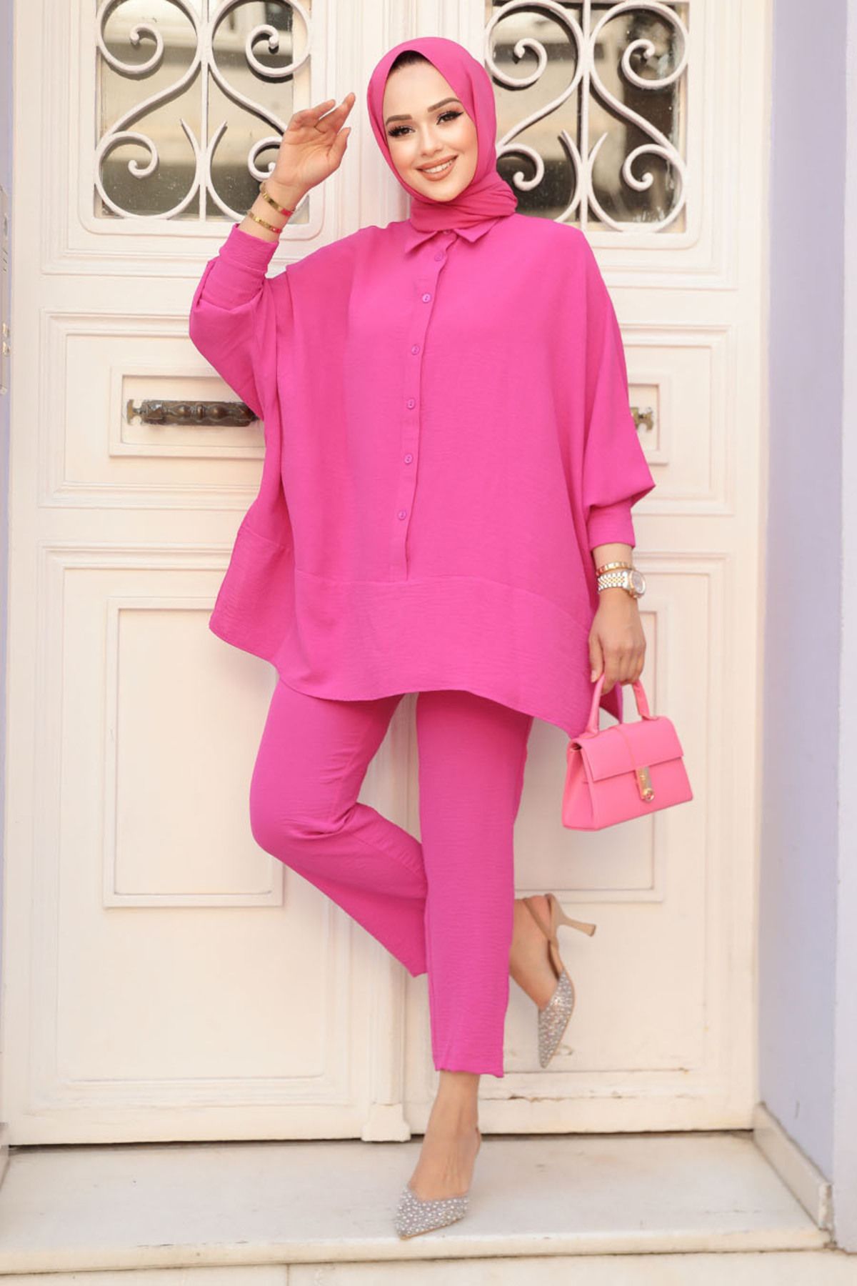 Neva Style-Fuchsia Hijab Double Set - Buttoned, 67751F 1