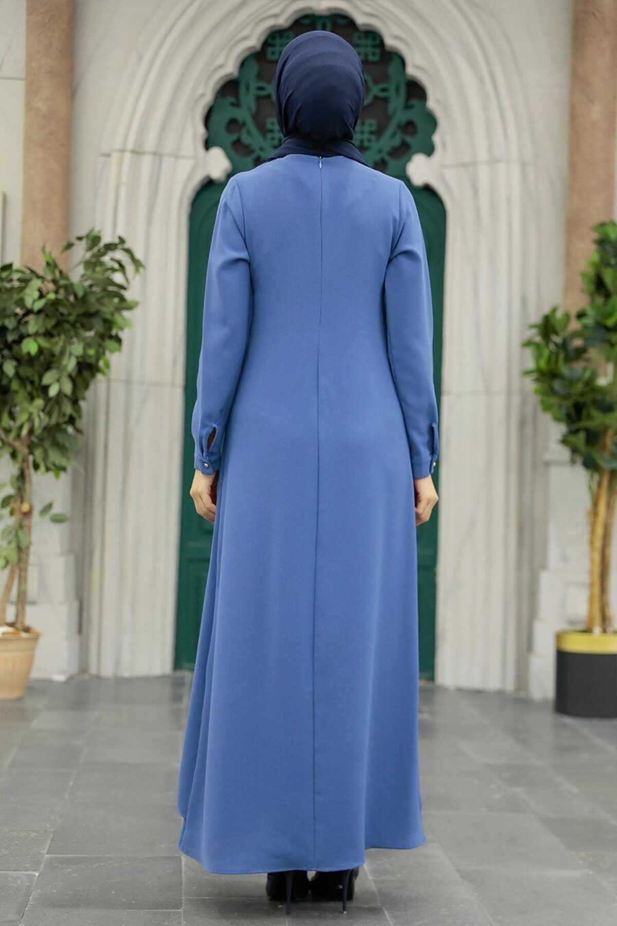 Neva Style-Rochie Hijab Albastru Petrol cu ​​Colier 34231pm 3