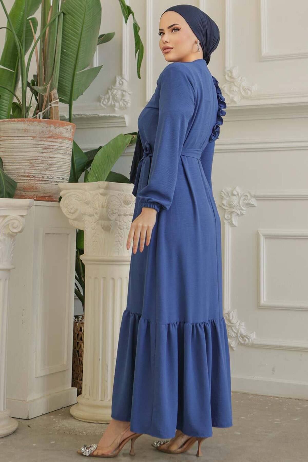 Neva Style-Rochie Hijab Albastru Indigo cu centură 659ım 5