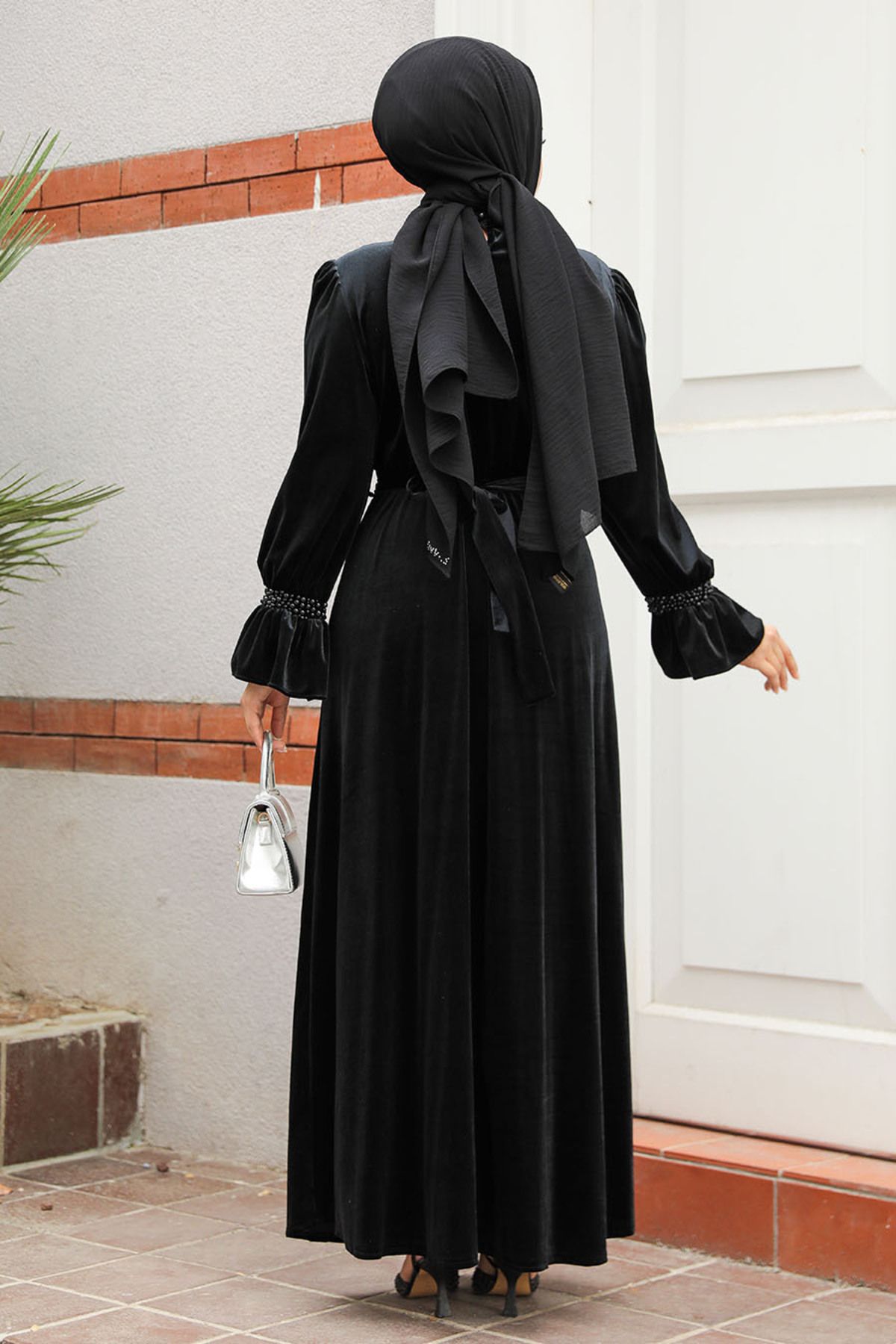 Neva Style-Rochie neagră din catifea hijab cu curea 37291s 3