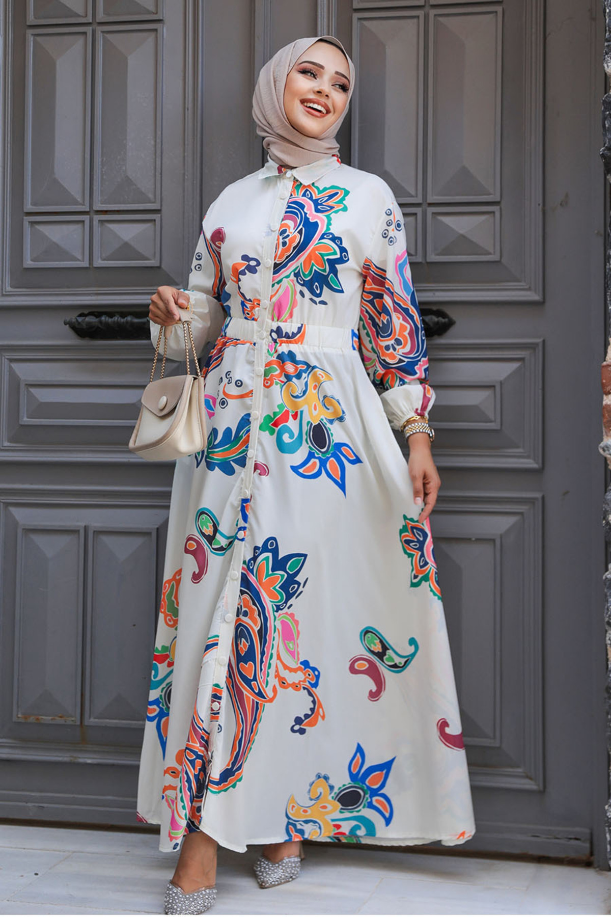Neva Style-Ecru Patterned Hijab Dress - 23441E 2
