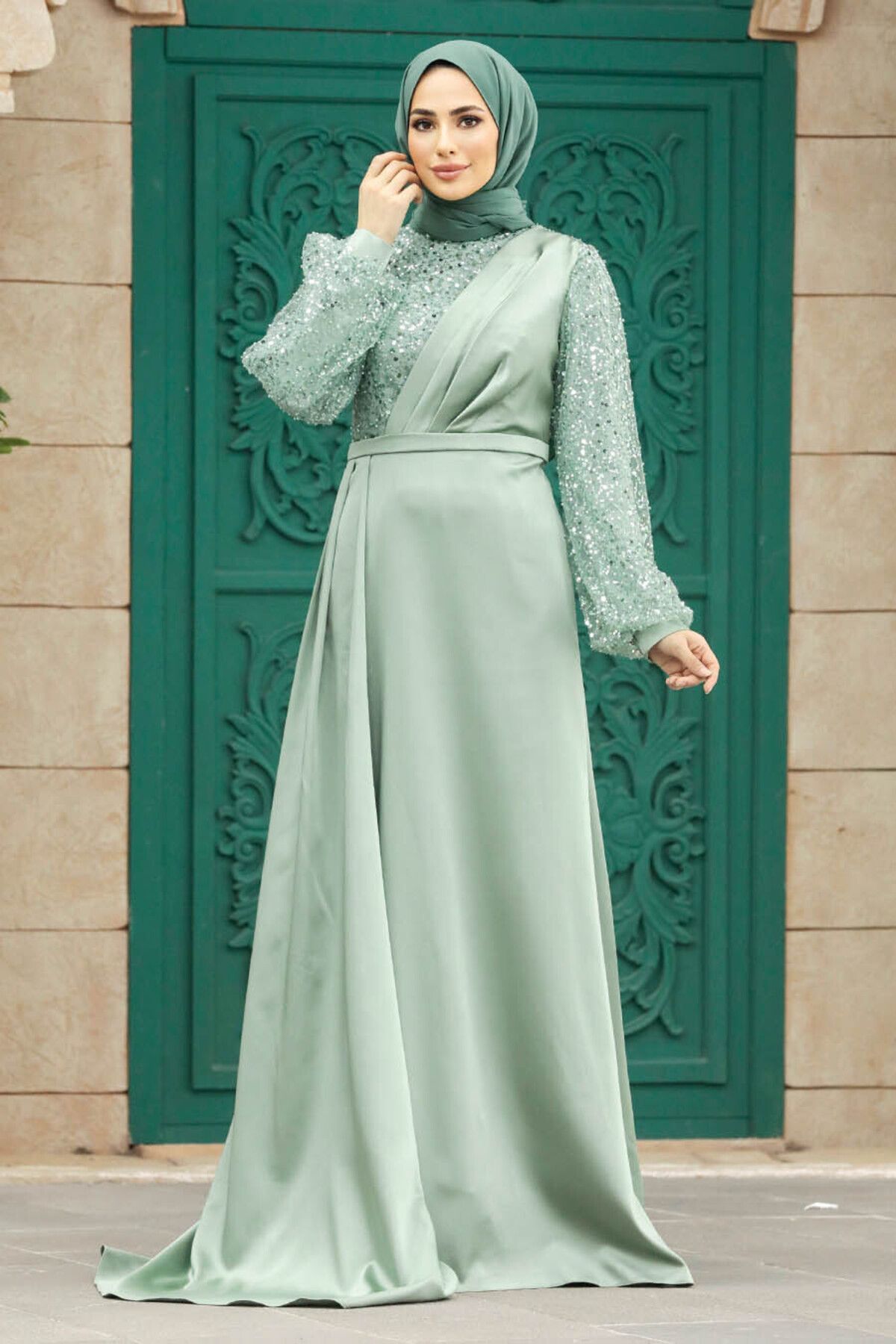 Neva Style-Sequin Embroidered Çağla Yeşilitesettür Evening Dress 2311Cy 1