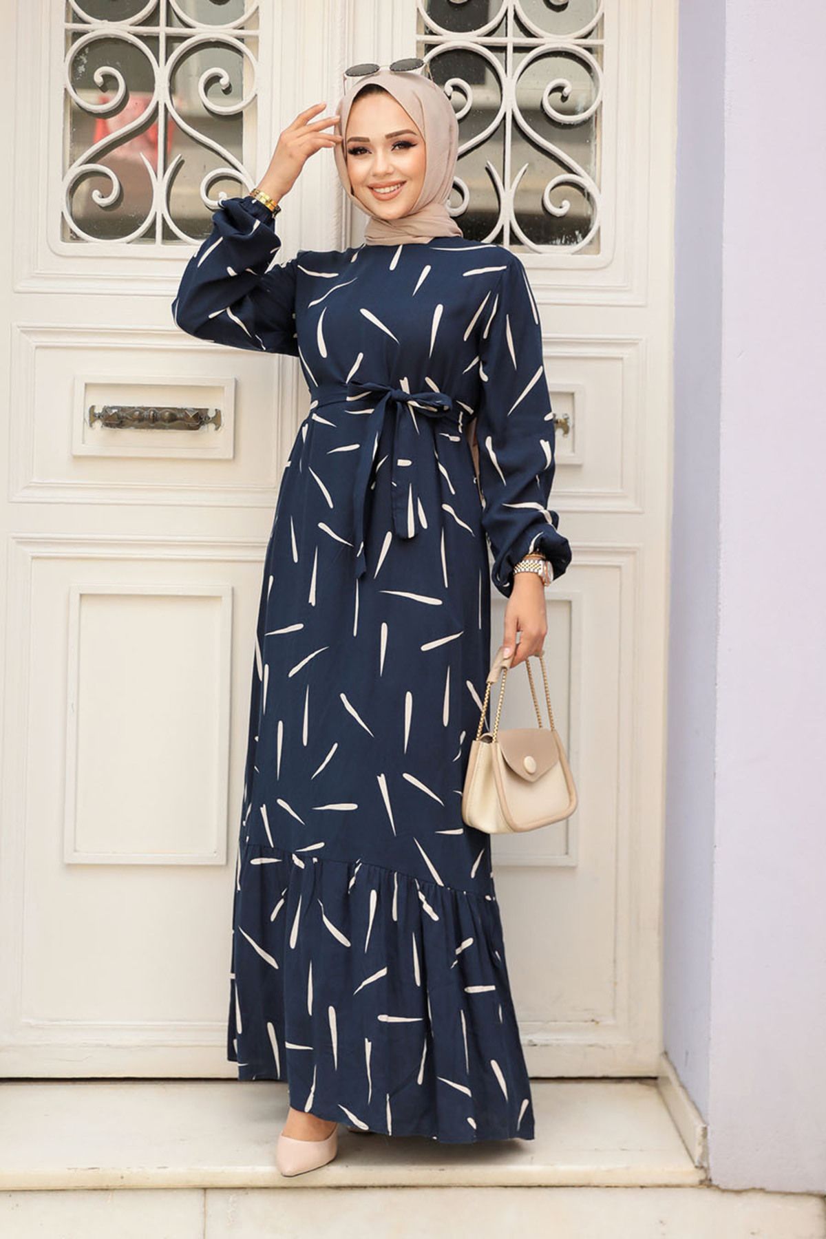 Neva Style-Navy Blue Patterned Hijab Dress - 23431L 1