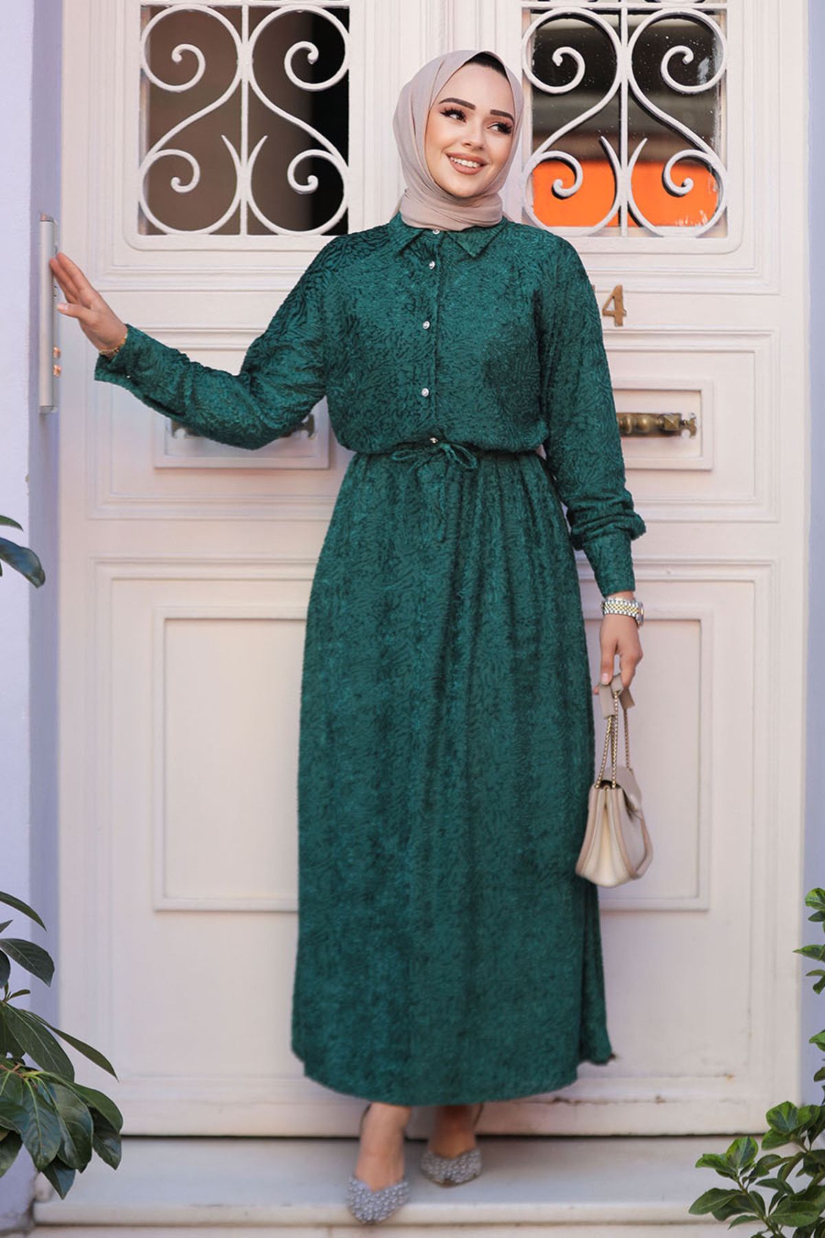 Neva Style-Φόρεμα Hijab με πράσινο σχέδιο - 92691Y 1
