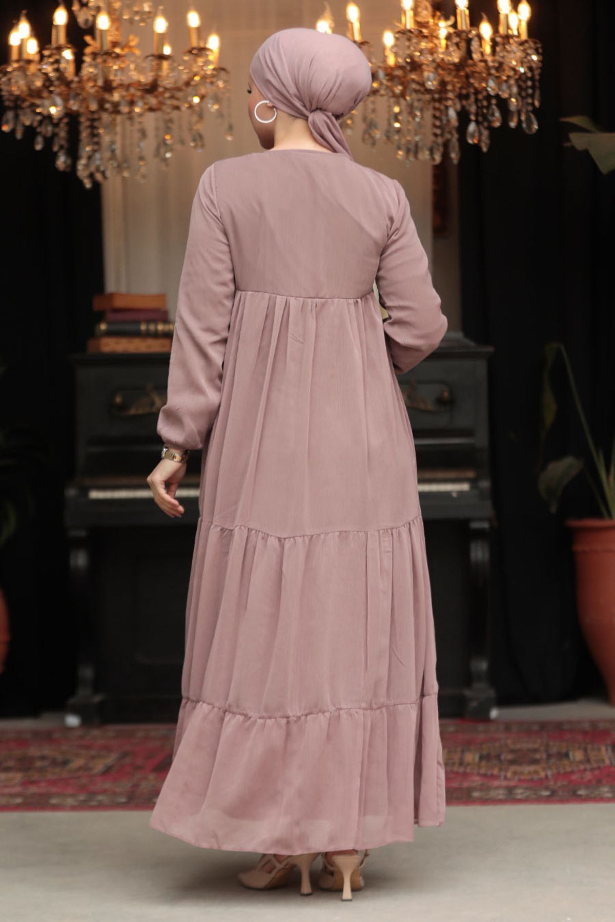 Neva Style-Folded Pleated Light Rose Dried Hijab Dress 22051Agk 4