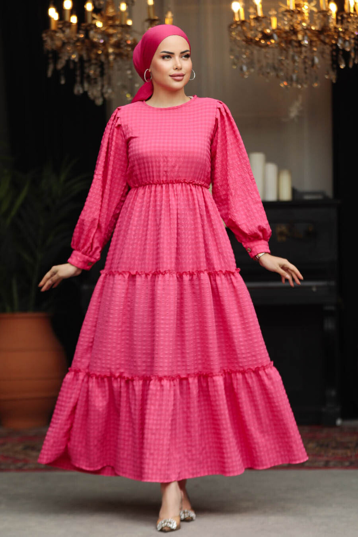 Neva Style-Fuchsia Hijab Dress with Folded Pleats 3033F 1