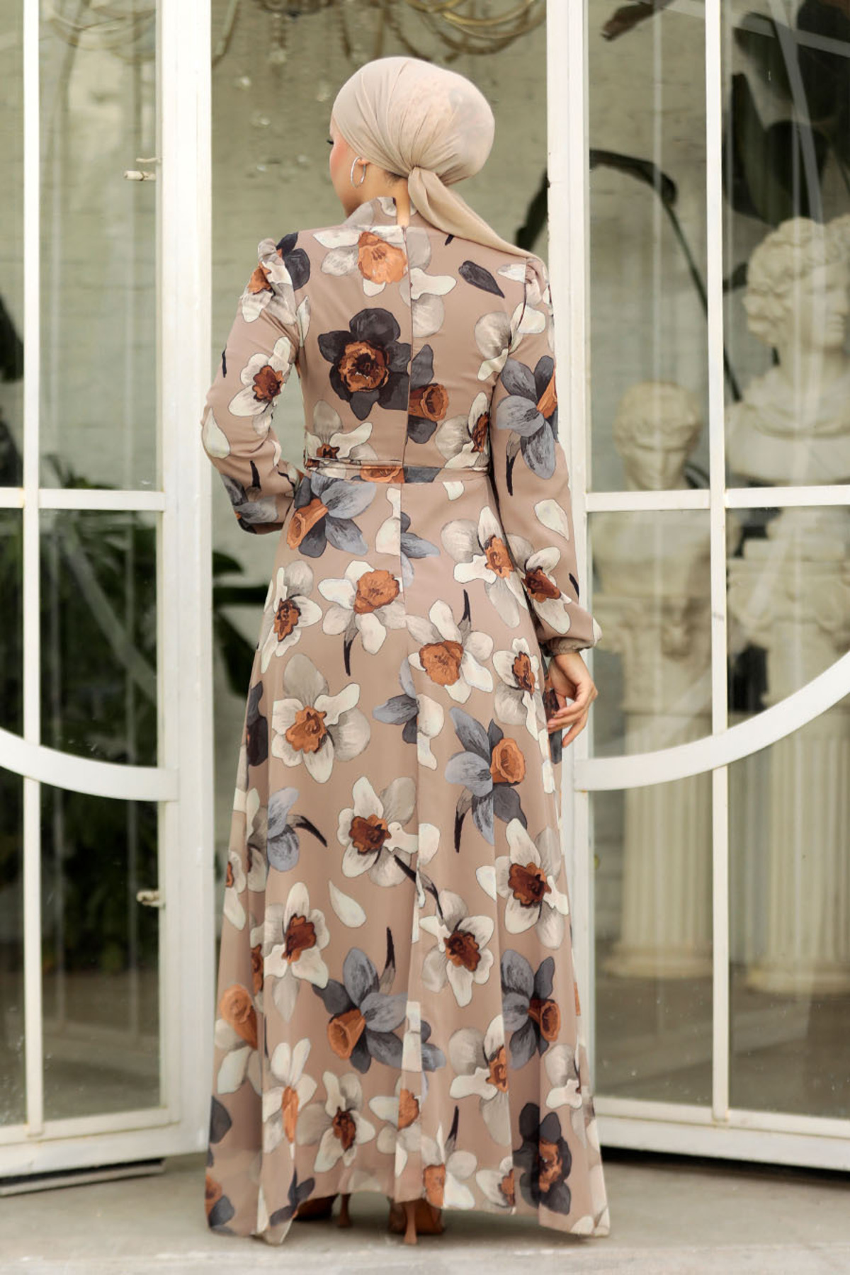 Neva Style-Floral Patterned Mink Hijab Dress 279325 V 4