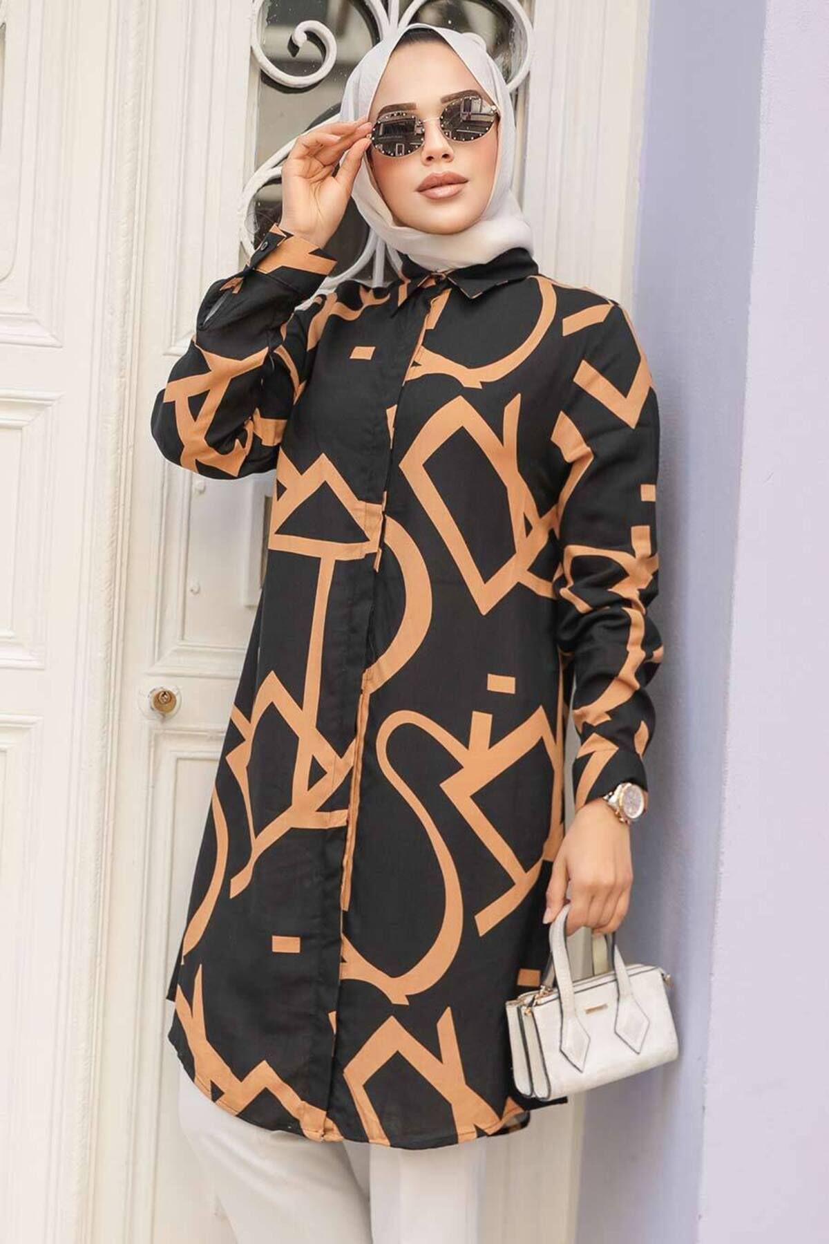 Neva Style-Camel Patterned Hijab Tunic - 11698C 4