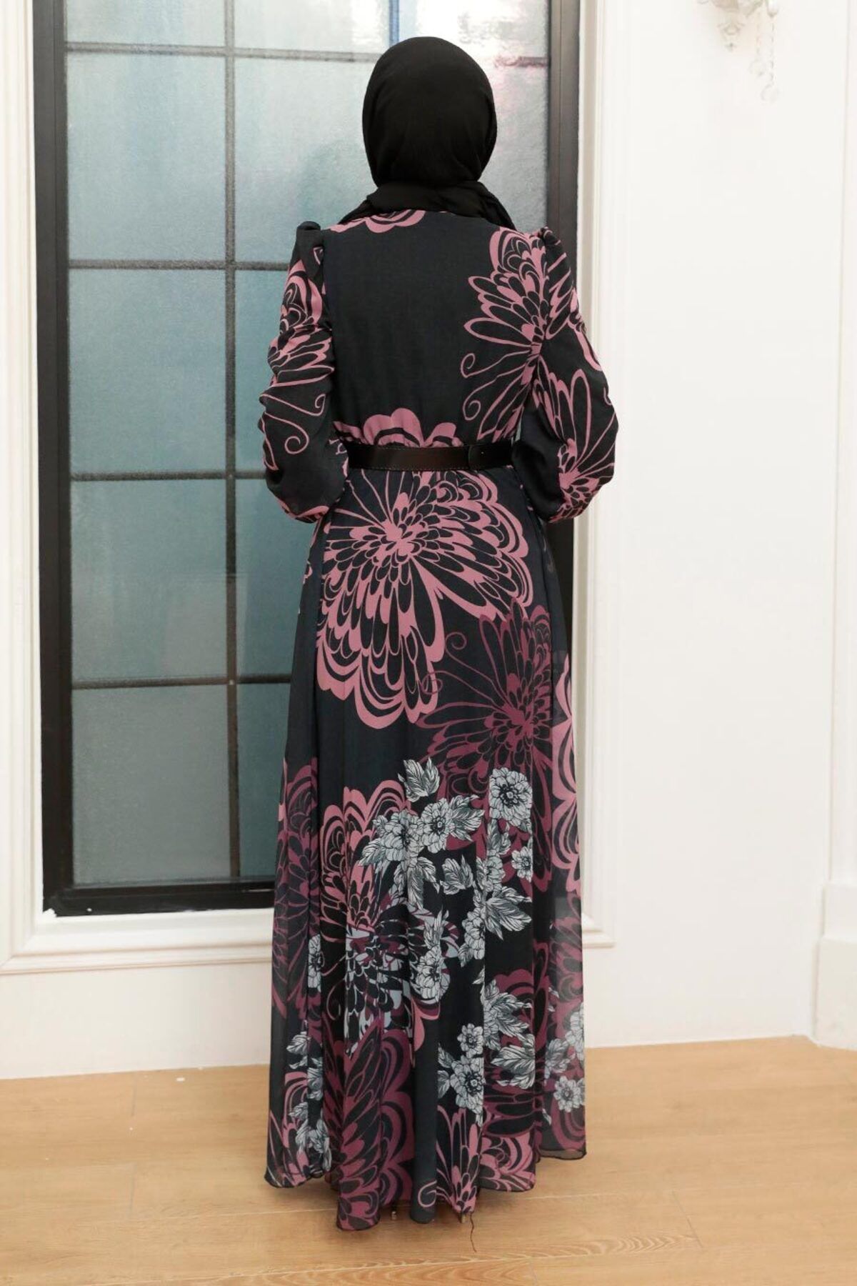 Neva Style-Φόρεμα Hijab με σχέδιο πεταλούδας Dusty Rose 3463gk 2