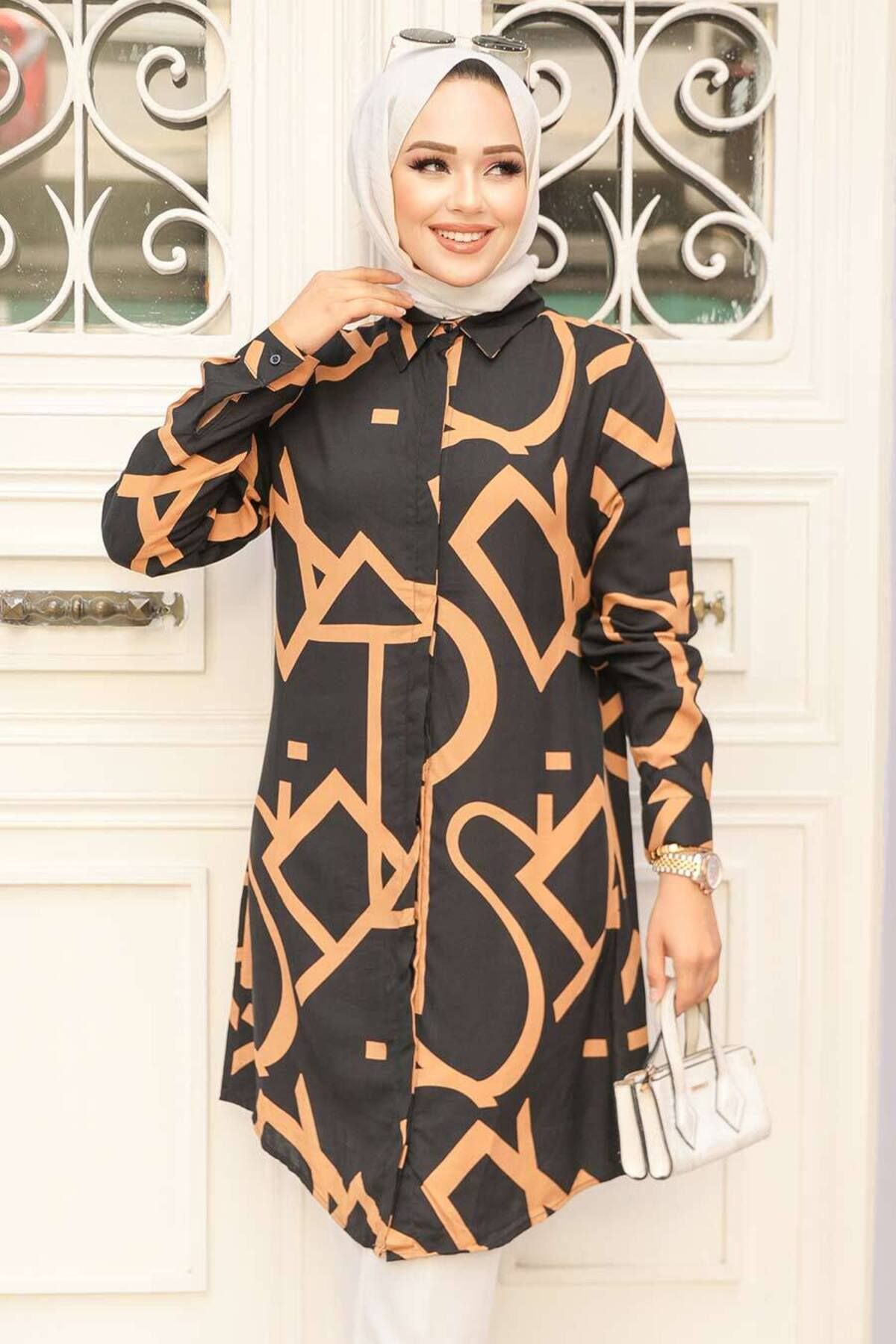 Neva Style-Camel Patterned Hijab Tunic - 11698C 2
