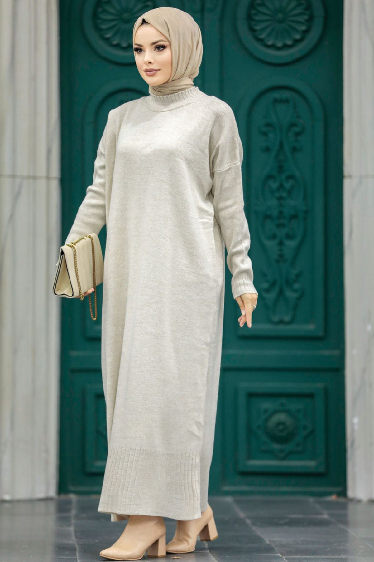 Neva Style-فستان تريكو حجاب بيج 3409بيج 3