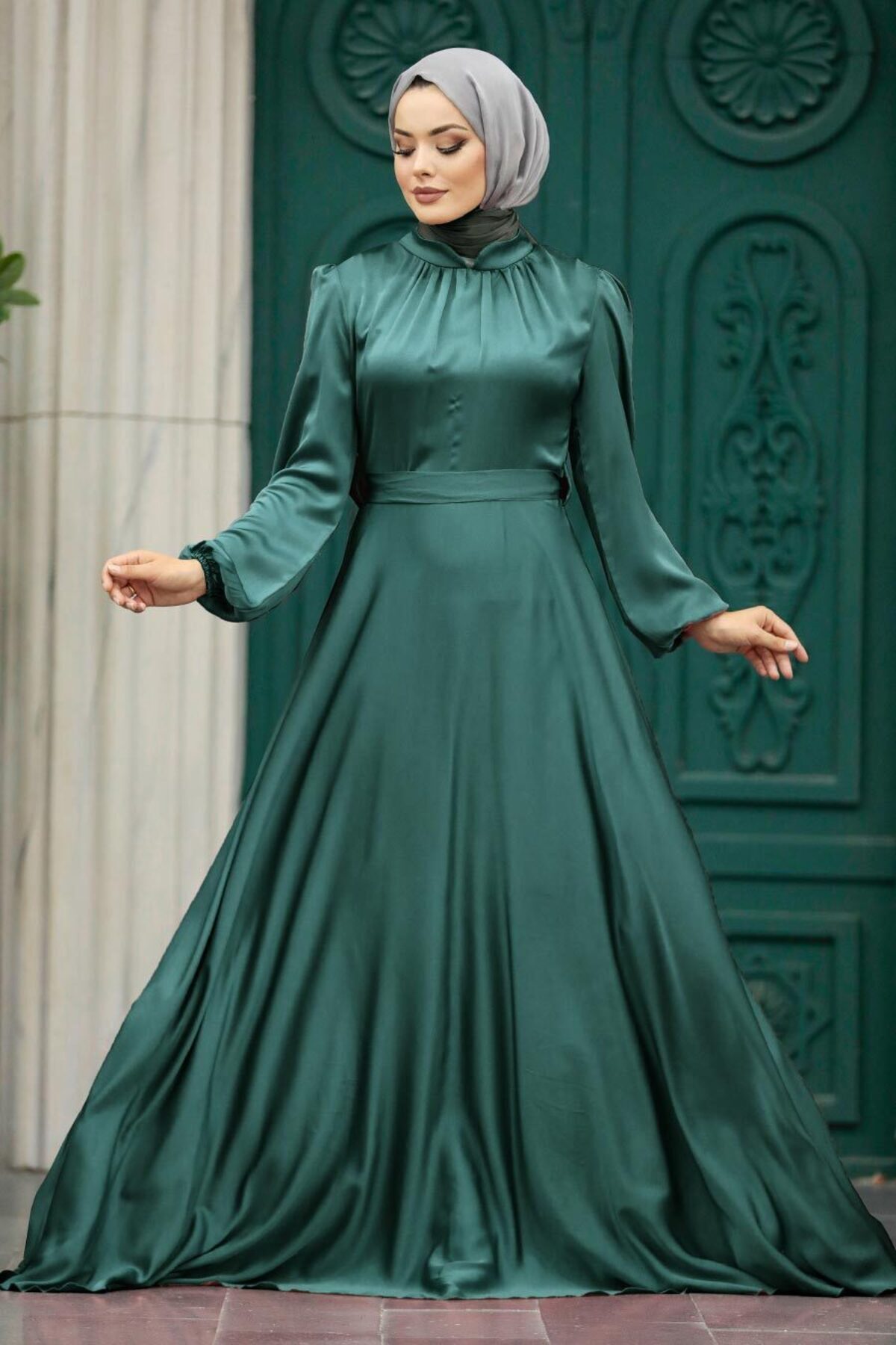 Neva Style-Rochie de seara din satin hijab verde petrol cu ​​maneca balon 25131py 1
