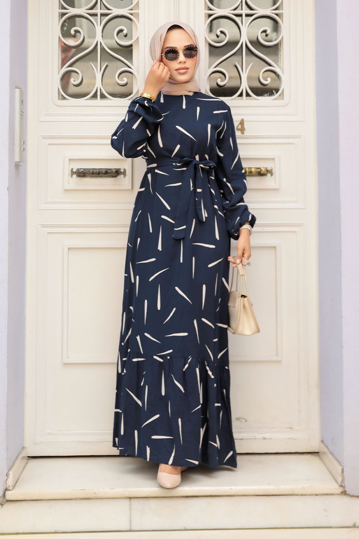 Neva Style-Navy Blue Patterned Hijab Dress - 23431L 2