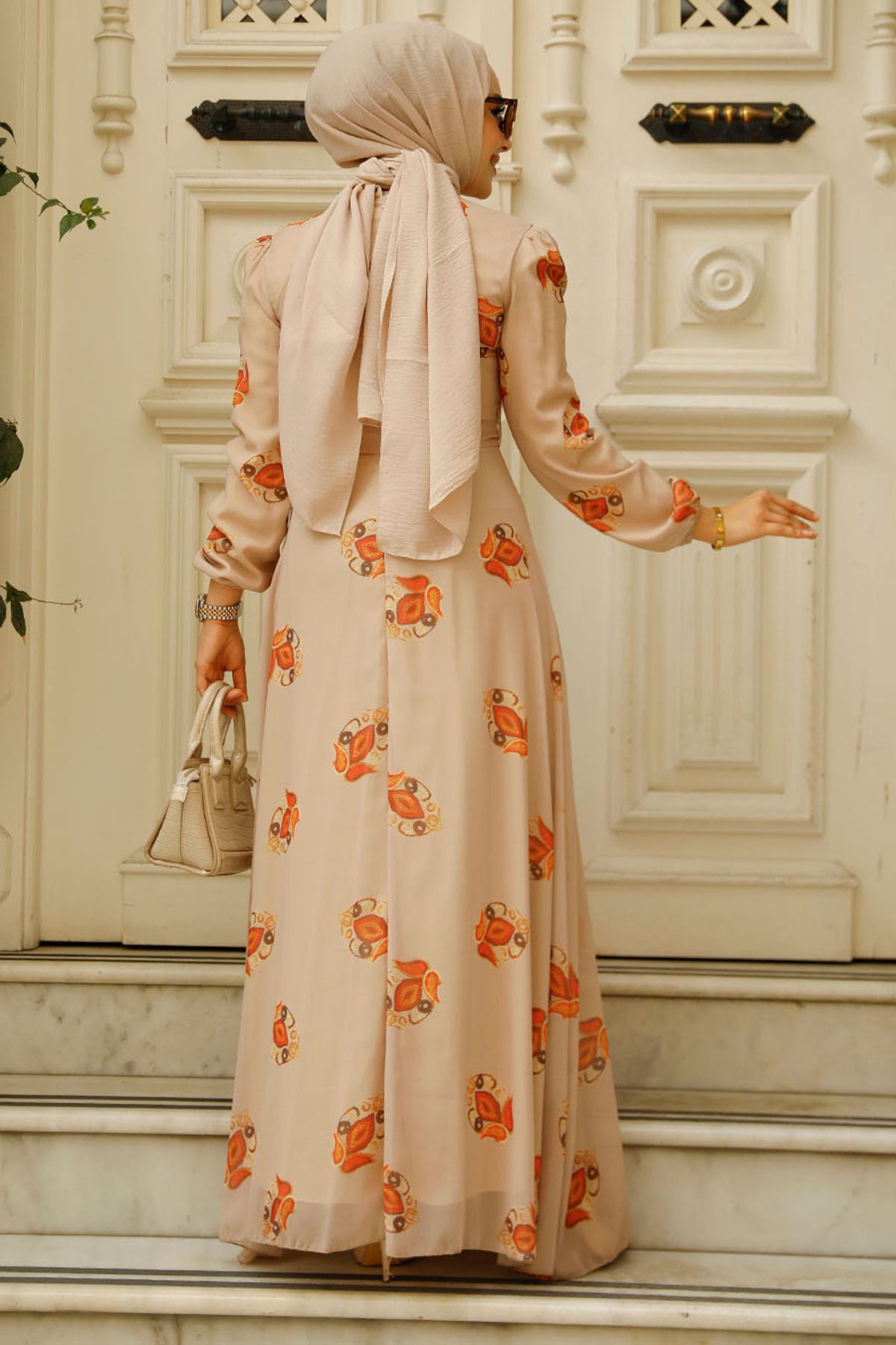 Neva Style-Floral Patterned Mink Hijab Dress 27937V 4