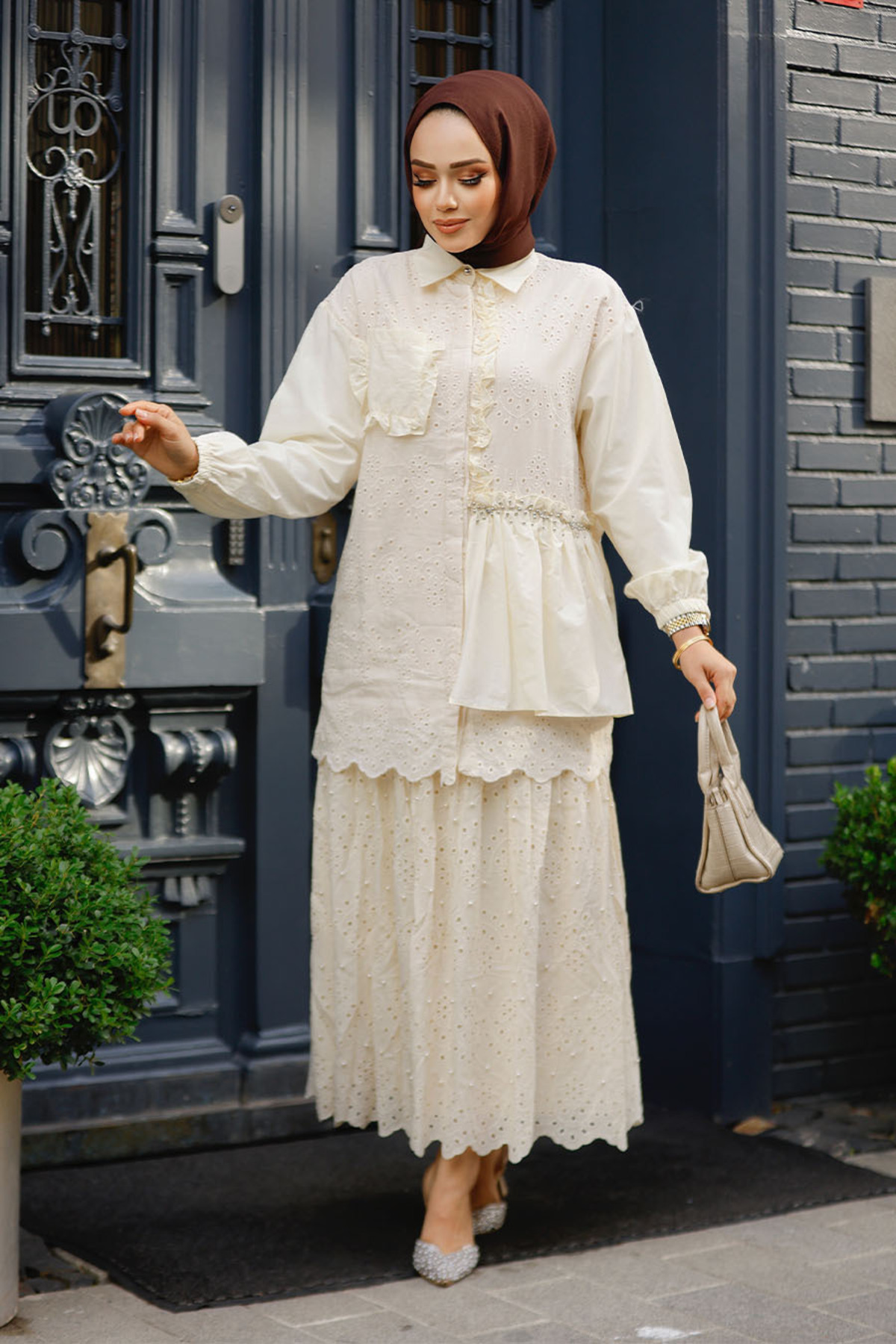 Neva Style-Tunica Hijab cu dantela bej - 14261BEJ 6