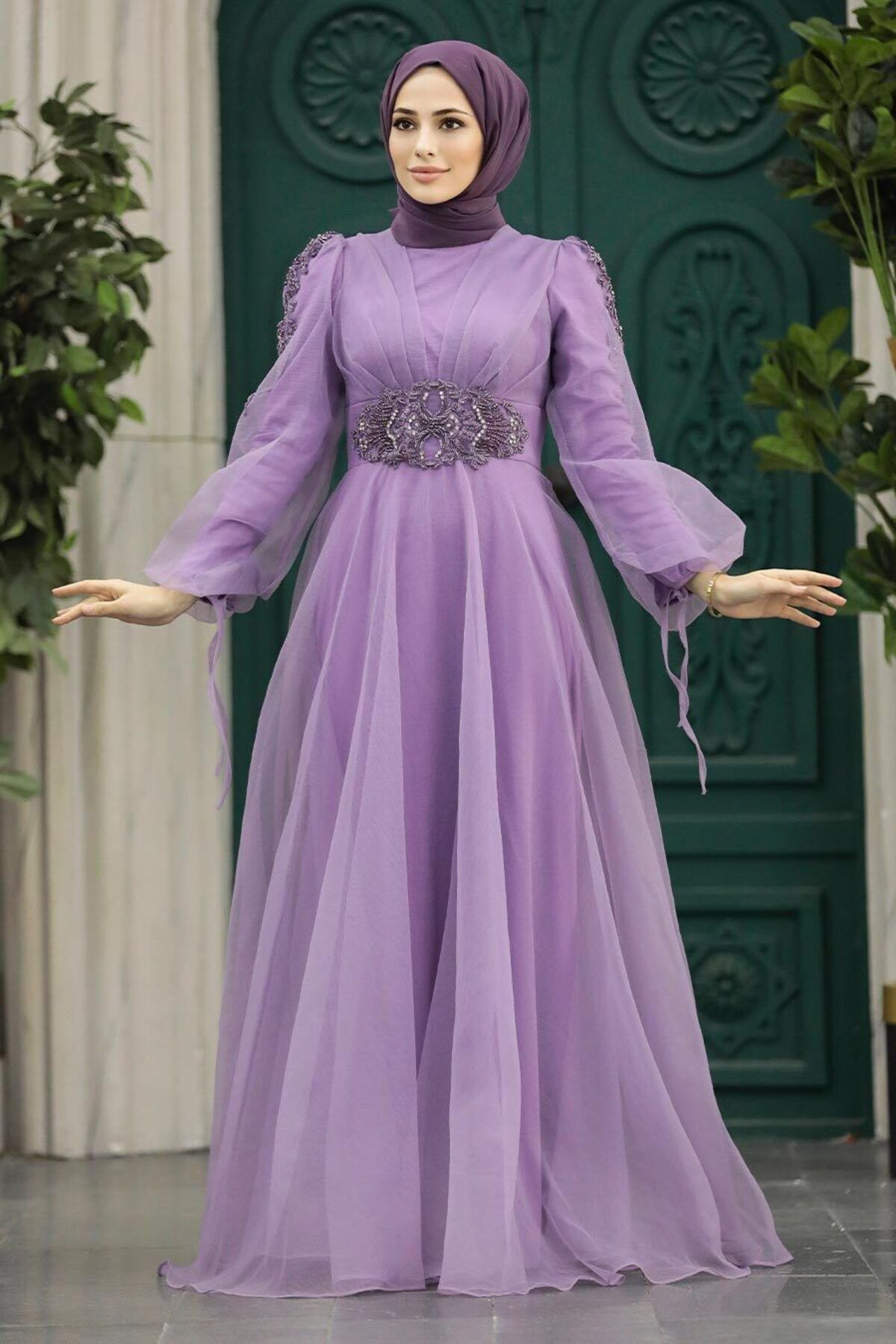 Neva Style-Beaded Detailed Lilac Hijab Evening Dress 2249Lıla 3