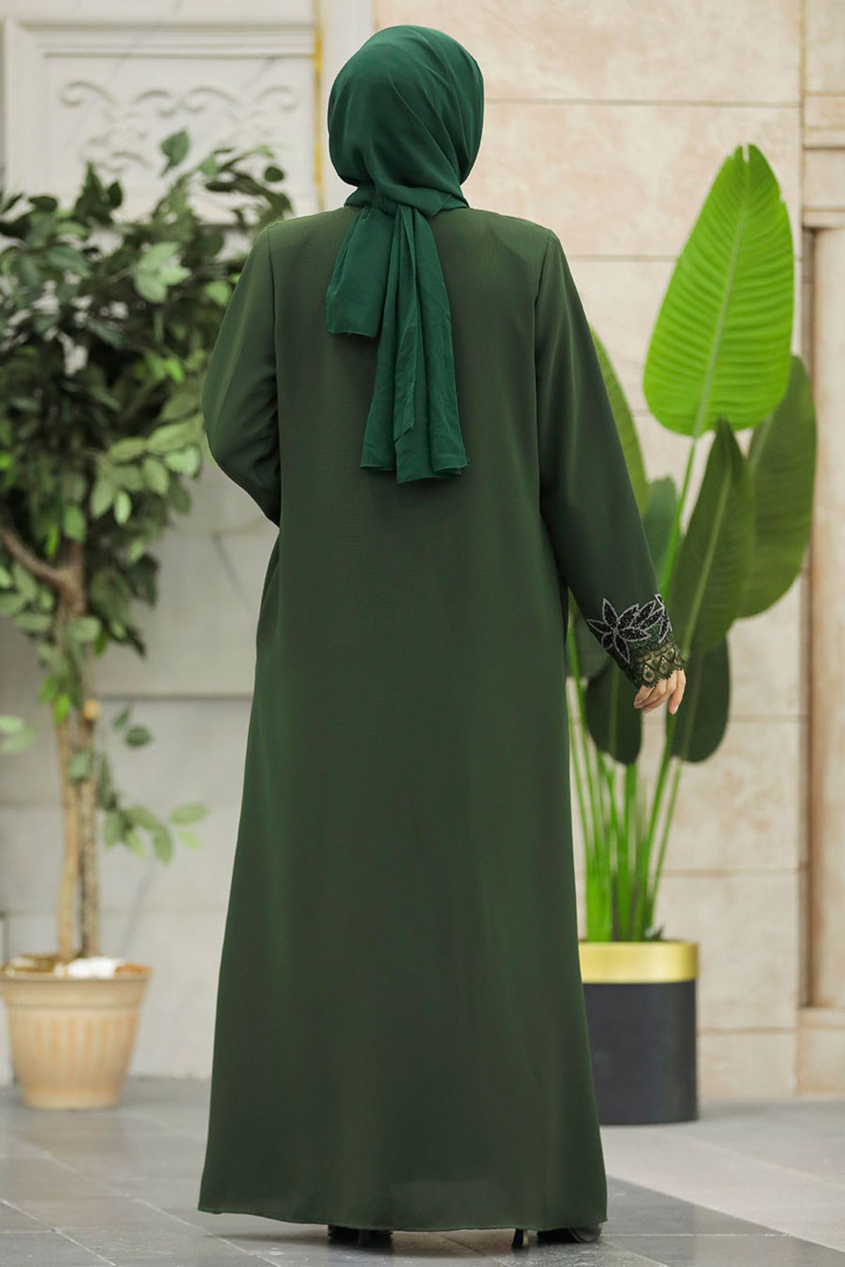 Neva Style-Flower Detailed Khaki Hijab Ferace 62533Hk 5