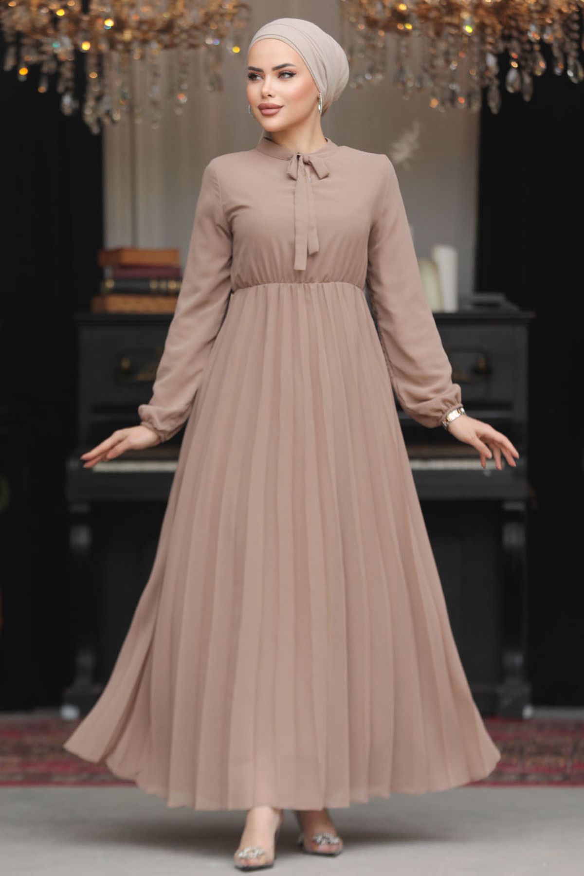Neva Style-Neck Tied Mink Hijab Dress 50351V 1