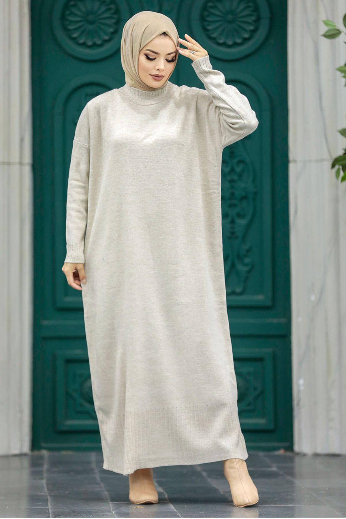 Neva Style-فستان تريكو حجاب بيج 3409بيج 6