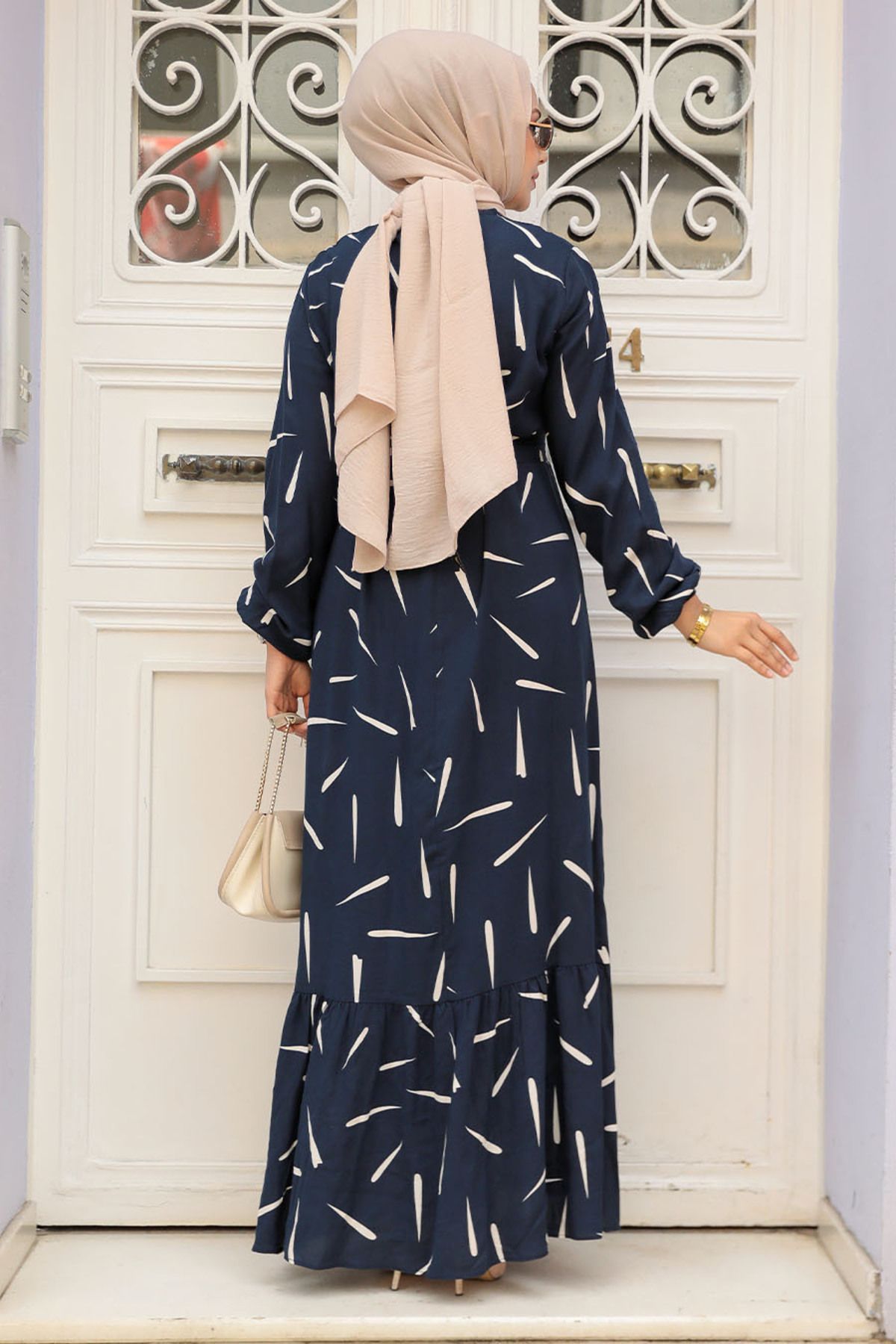 Neva Style-Navy Blue Patterned Hijab Dress - 23431L 3