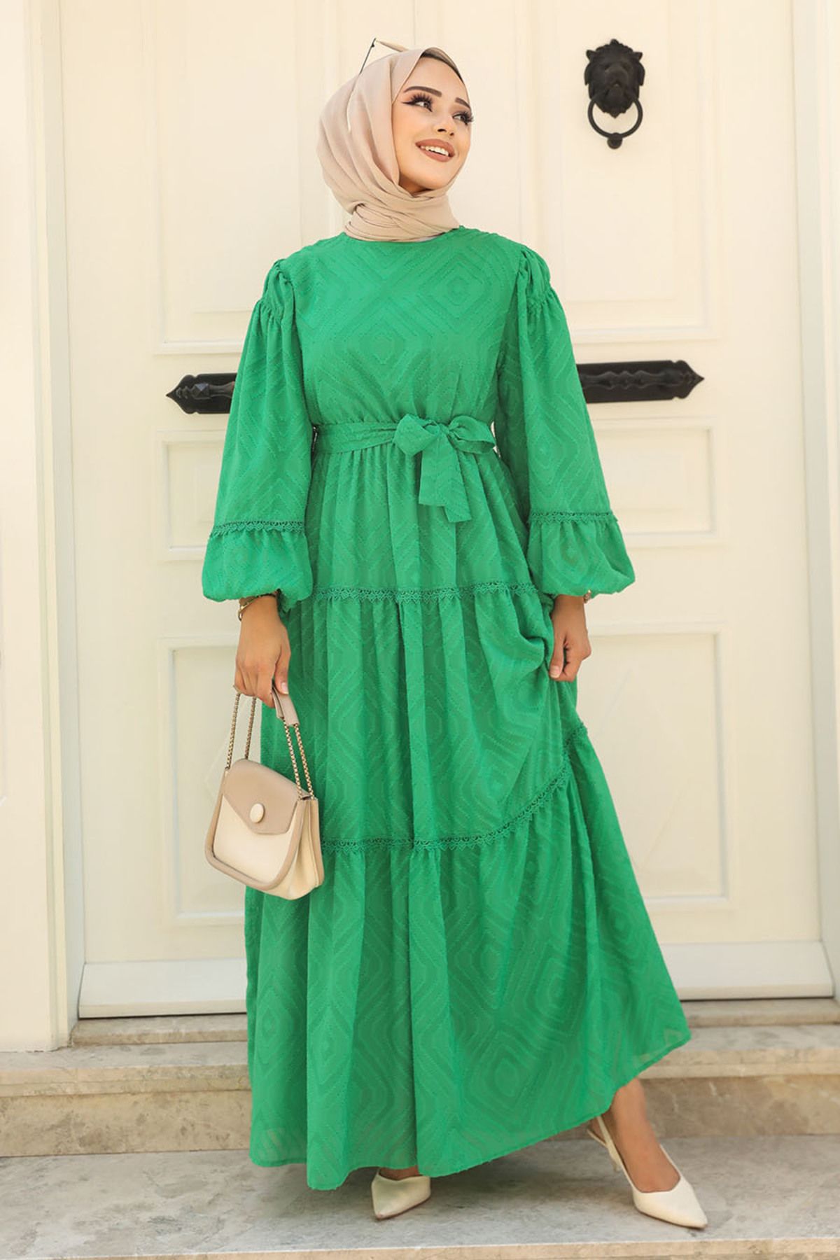 Neva Style-Green Hijab Dress with Belt 14131Y 2